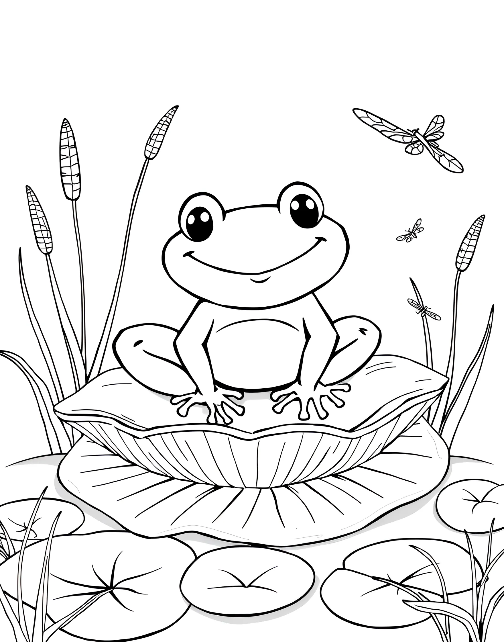 Friendly Frog on a Lily Pad Coloring Page -- prompt: "A cartoon frog with a wide smile sitting on a lily pad in a pond, surrounded by cattails and dragonflies." -- This charming coloring page showcases a smiling frog sitting contentedly on a large lily pad. The frog's bulging eyes and webbed feet are delightfully portrayed. This page is perfect for bringing a touch of pond life to your coloring adventures.