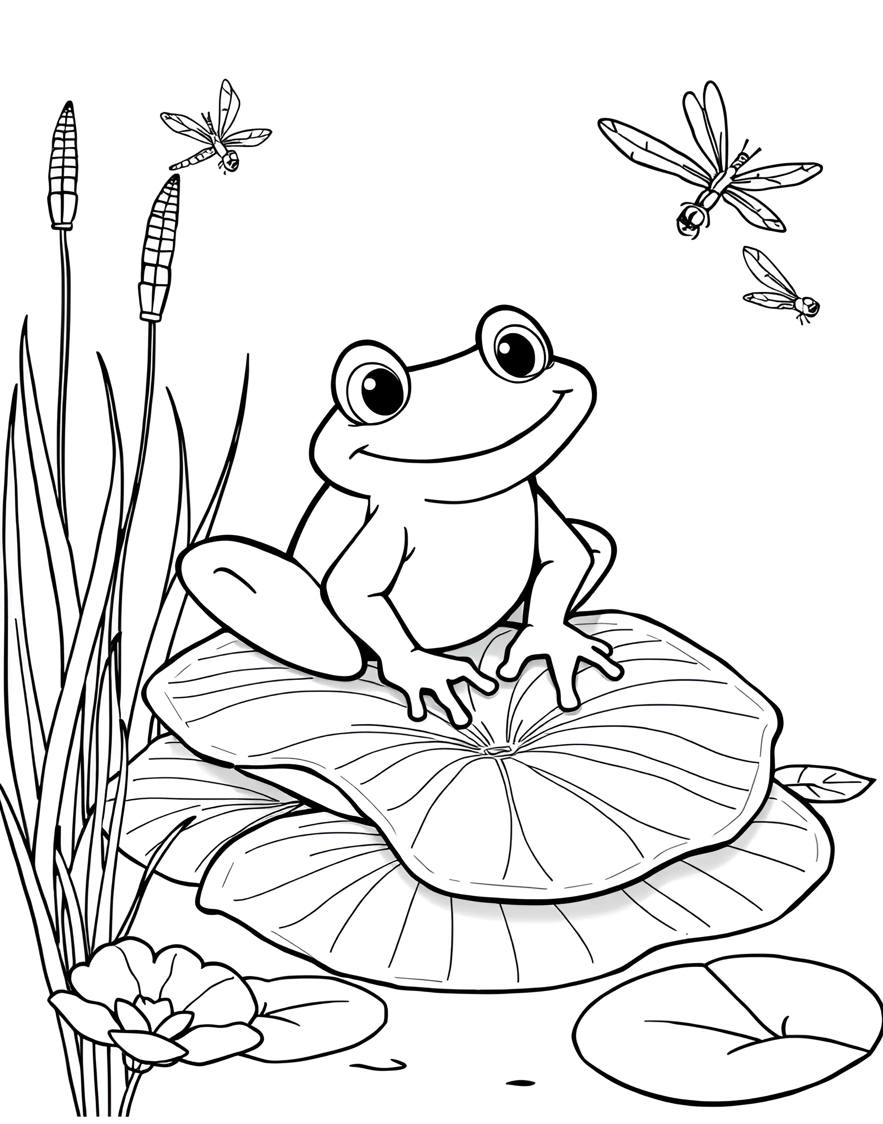 Friendly Frog on a Lily Pad Coloring Page -- prompt: "A cartoon frog with a wide smile sitting on a lily pad in a pond, surrounded by cattails and dragonflies." -- This charming coloring page showcases a smiling frog sitting contentedly on a large lily pad. The frog's bulging eyes and webbed feet are delightfully portrayed. This page is perfect for bringing a touch of pond life to your coloring adventures.