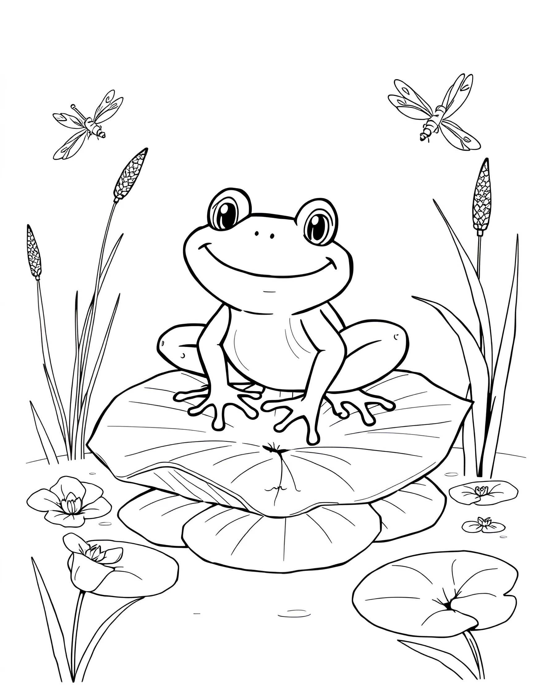 Friendly Frog on a Lily Pad Coloring Page -- prompt: "A cartoon frog with a wide smile sitting on a lily pad in a pond, surrounded by cattails and dragonflies." -- This charming coloring page showcases a smiling frog sitting contentedly on a large lily pad. The frog's bulging eyes and webbed feet are delightfully portrayed. This page is perfect for bringing a touch of pond life to your coloring adventures.