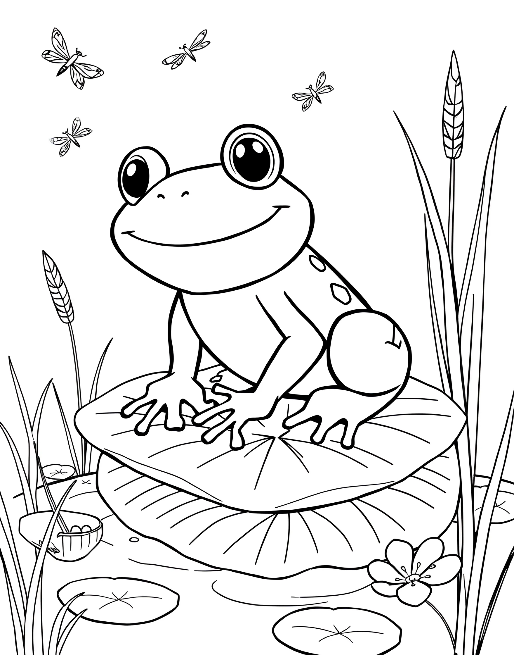 Friendly Frog on a Lily Pad Coloring Page -- prompt: "A cartoon frog with a wide smile sitting on a lily pad in a pond, surrounded by cattails and dragonflies." -- This charming coloring page showcases a smiling frog sitting contentedly on a large lily pad. The frog's bulging eyes and webbed feet are delightfully portrayed. This page is perfect for bringing a touch of pond life to your coloring adventures.