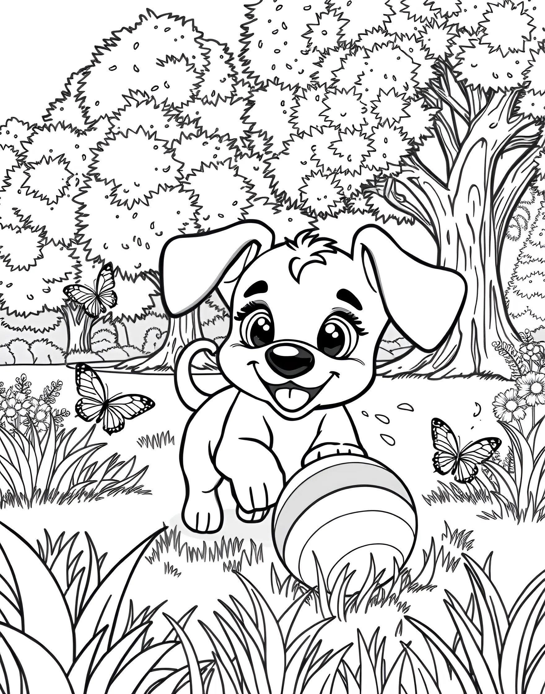 Playful Puppy with a Ball Coloring Page -- prompt: "A cartoon puppy with floppy ears playing with a striped ball in a grassy park with trees in the background." -- This delightful coloring page showcases a cheerful puppy playing with a colorful ball. The pup's floppy ears and wagging tail exude pure joy and excitement. It's the perfect page for dog lovers to express their creativity and bring this lively scene to life.