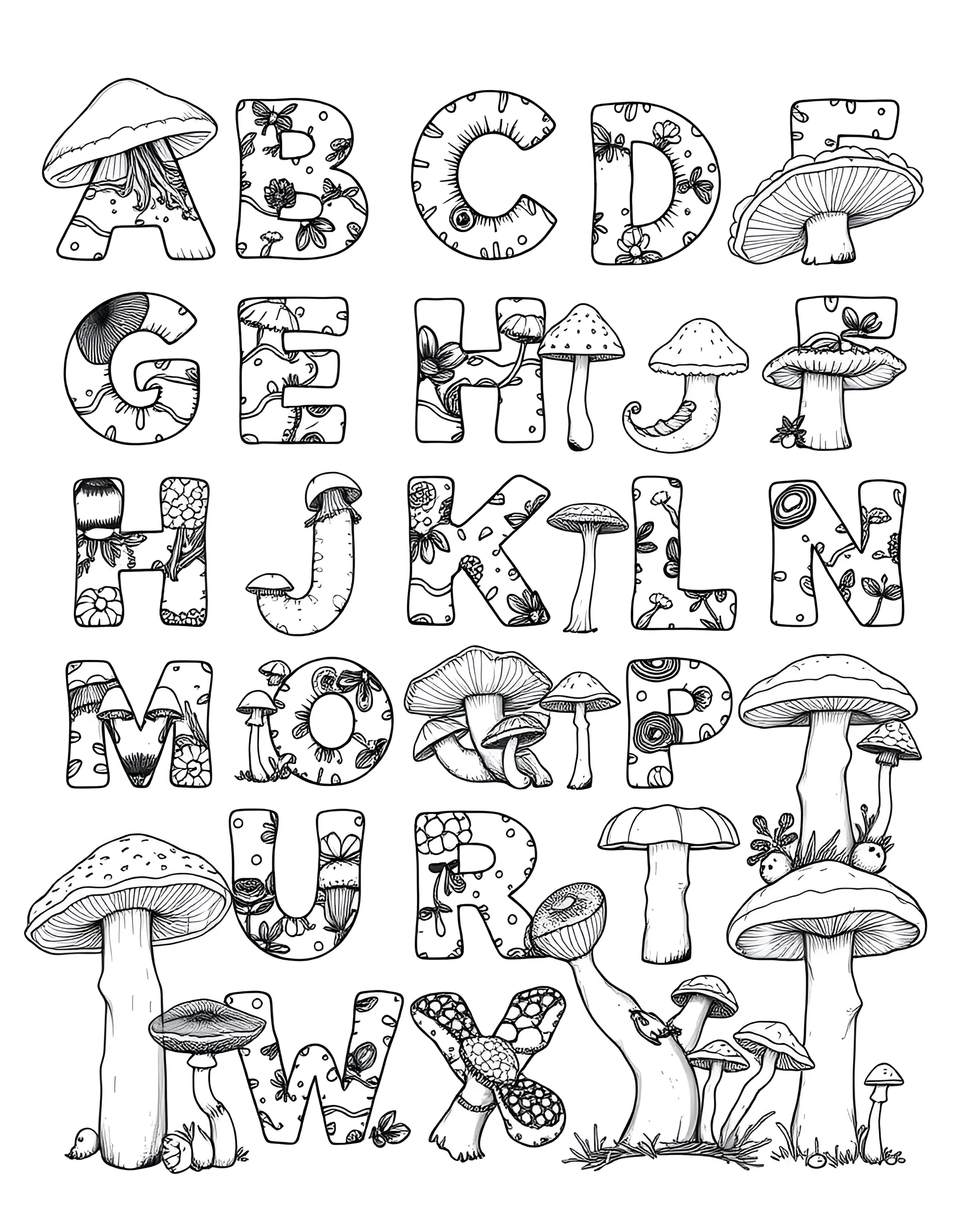 Mushroom Alphabet Coloring Page -- prompt: "The alphabet with each letter formed by different types and arrangements of mushrooms." -- Learn your ABCs with a fungal twist in this mushroom alphabet coloring page. Each letter of the alphabet is formed by different mushroom shapes and styles. This educational and creative page is perfect for young learners and those who enjoy typographic designs.