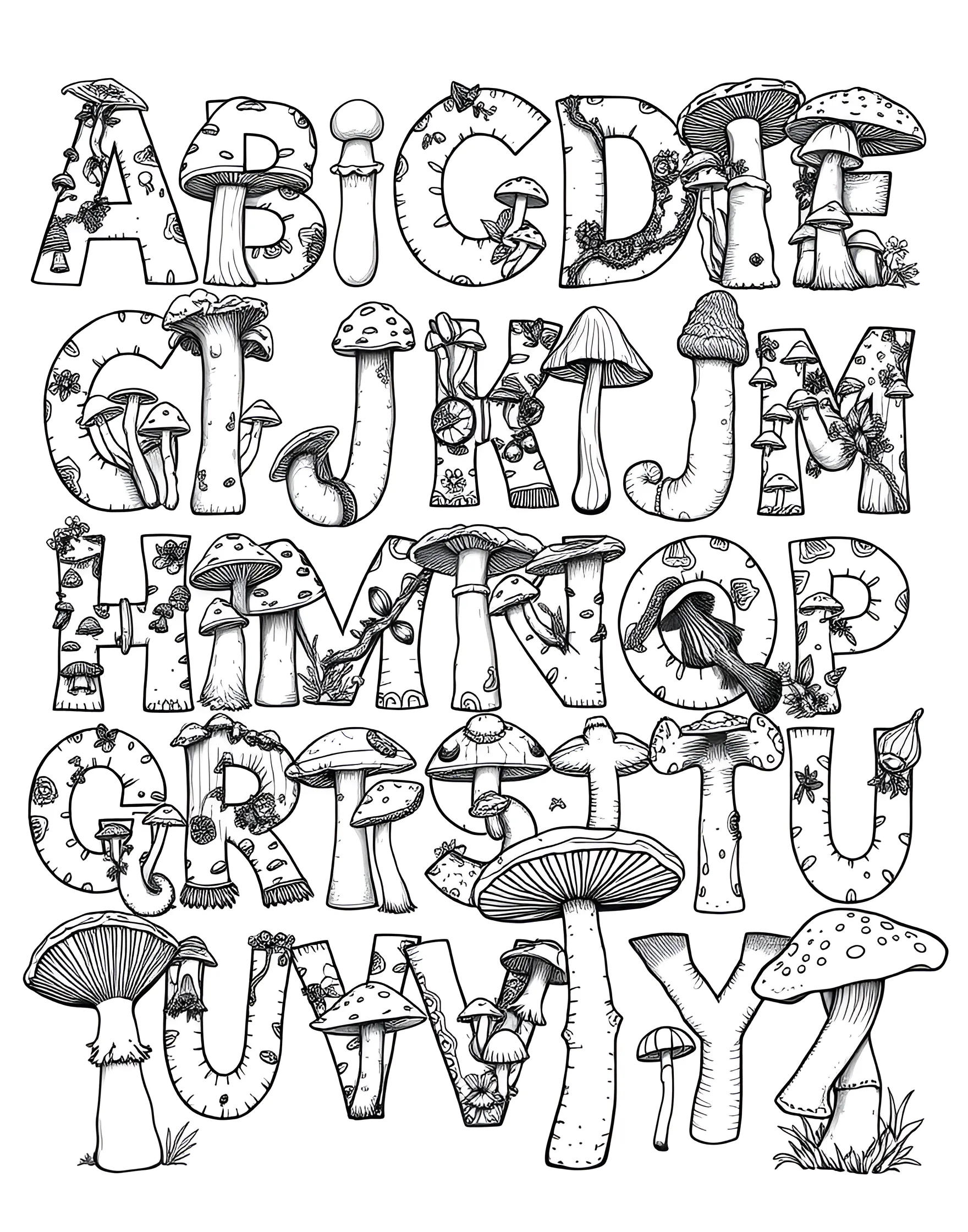 Mushroom Alphabet Coloring Page -- prompt: "The alphabet with each letter formed by different types and arrangements of mushrooms." -- Learn your ABCs with a fungal twist in this mushroom alphabet coloring page. Each letter of the alphabet is formed by different mushroom shapes and styles. This educational and creative page is perfect for young learners and those who enjoy typographic designs.