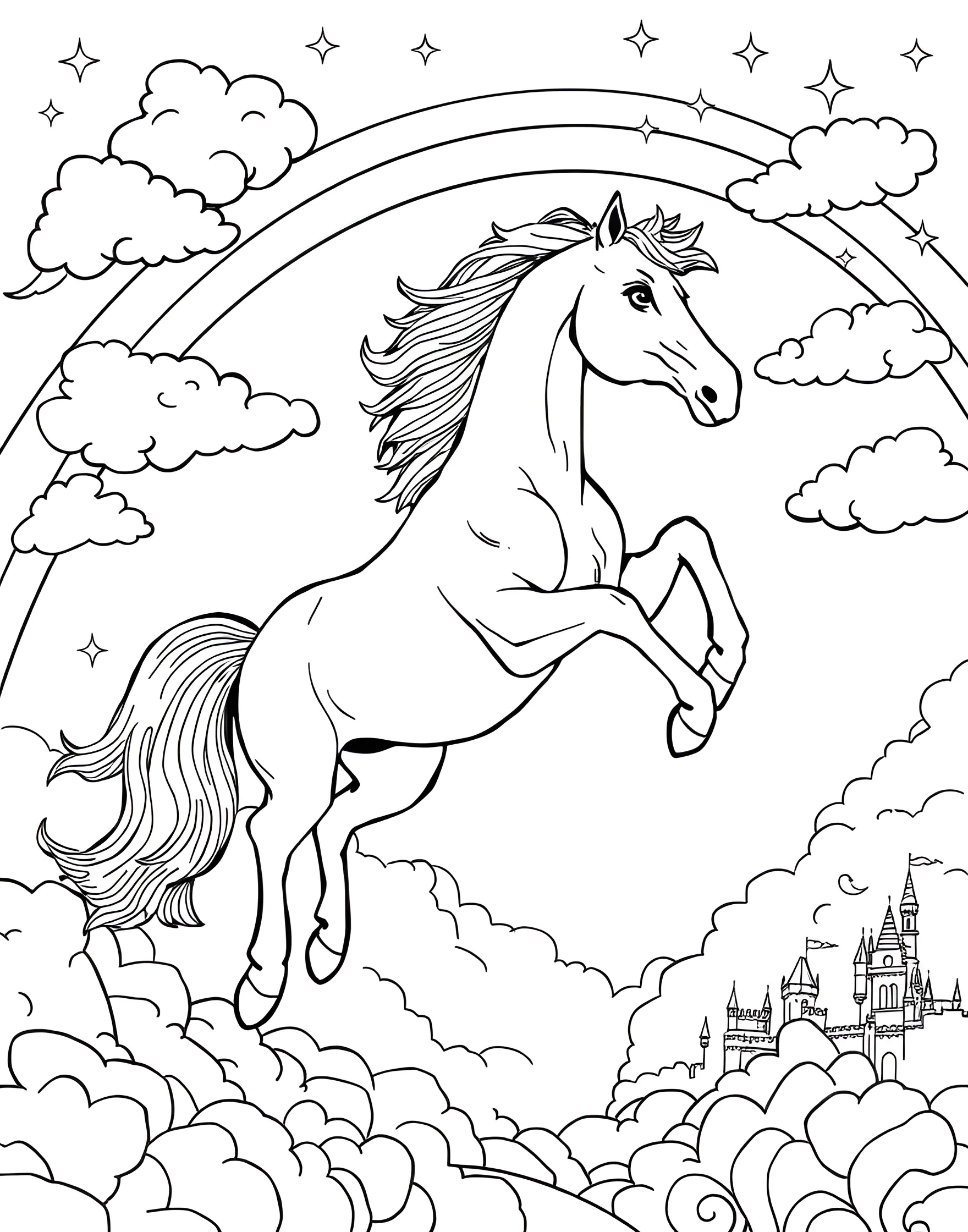 Horse Jumping Over a Rainbow Coloring Page -- prompt: "A horse jumping over a colorful rainbow with clouds and stars in a fantasy sky setting." -- Let your imagination soar with this whimsical coloring page featuring a horse leaping over a rainbow. The horse's graceful form is arched mid-jump, with the vibrant rainbow serving as both obstacle and magical element. Clouds and stars in the background add to the fantastical nature of this uplifting scene.