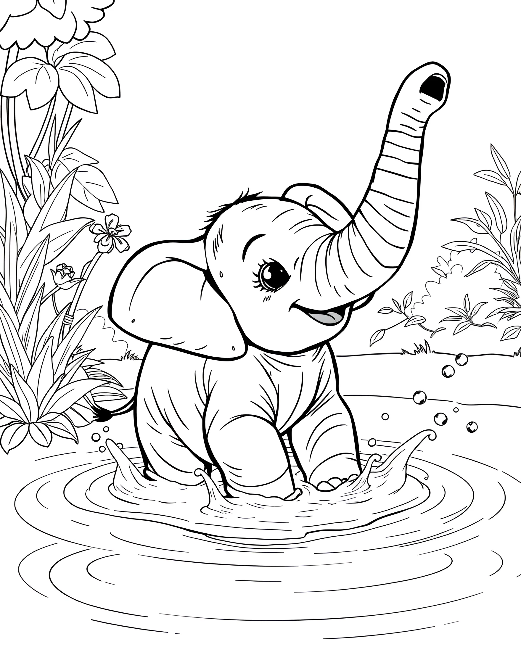 Playful Baby Elephant Splashing Coloring Page -- prompt: "A baby elephant playing and splashing in a watering hole, spraying water with its trunk." -- This delightful coloring page features a baby elephant having the time of its life in a watering hole. Its trunk is raised high, spraying water in a joyful arc as it splashes about. The scene captures the innocence and playfulness of young elephants, making it a perfect choice for children.