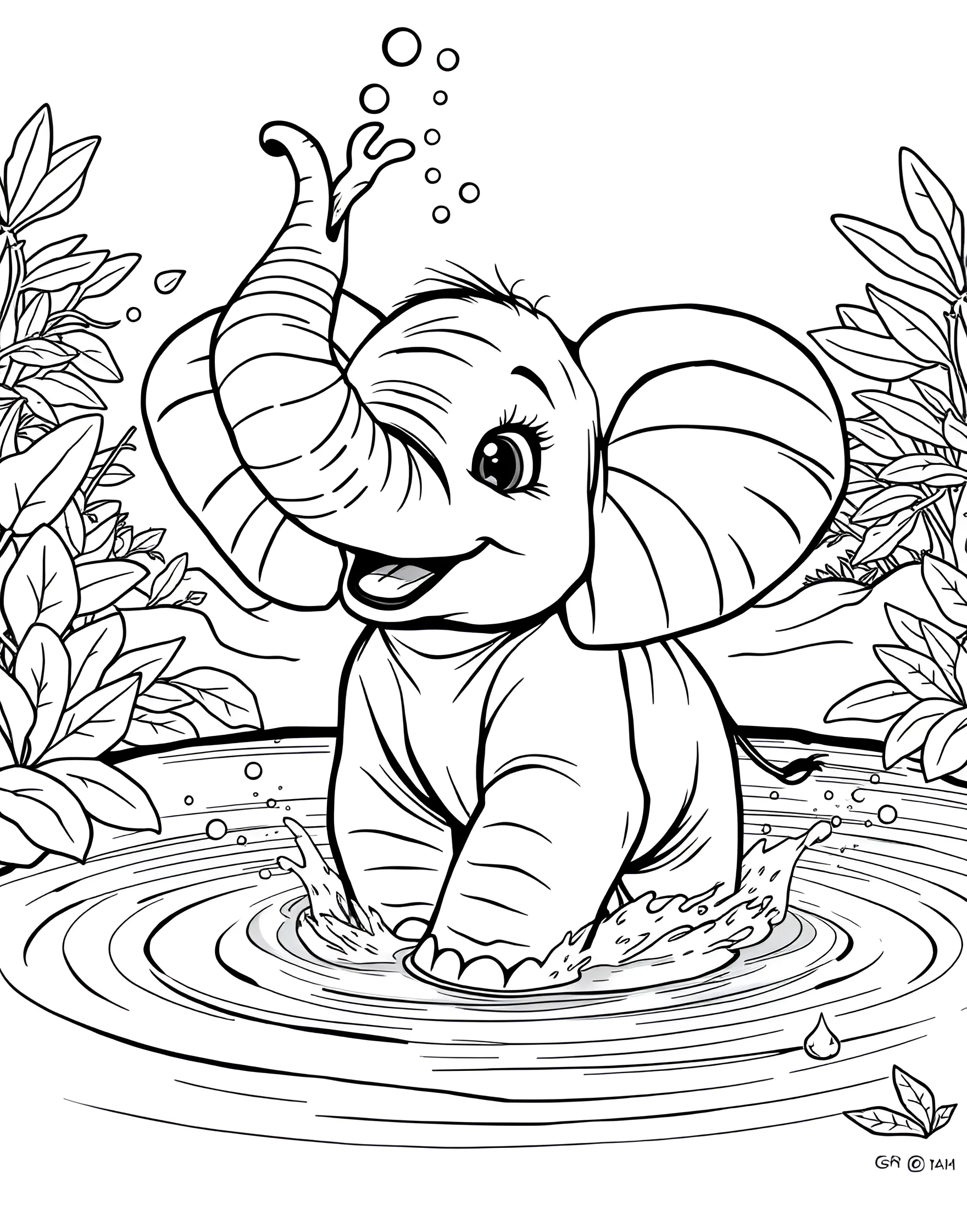 Playful Baby Elephant Splashing Coloring Page -- prompt: "A baby elephant playing and splashing in a watering hole, spraying water with its trunk." -- This delightful coloring page features a baby elephant having the time of its life in a watering hole. Its trunk is raised high, spraying water in a joyful arc as it splashes about. The scene captures the innocence and playfulness of young elephants, making it a perfect choice for children.