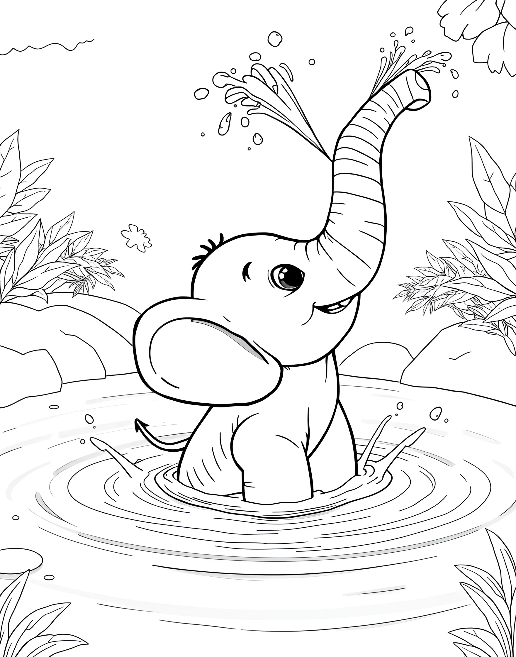 Playful Baby Elephant Splashing Coloring Page -- prompt: "A baby elephant playing and splashing in a watering hole, spraying water with its trunk." -- This delightful coloring page features a baby elephant having the time of its life in a watering hole. Its trunk is raised high, spraying water in a joyful arc as it splashes about. The scene captures the innocence and playfulness of young elephants, making it a perfect choice for children.