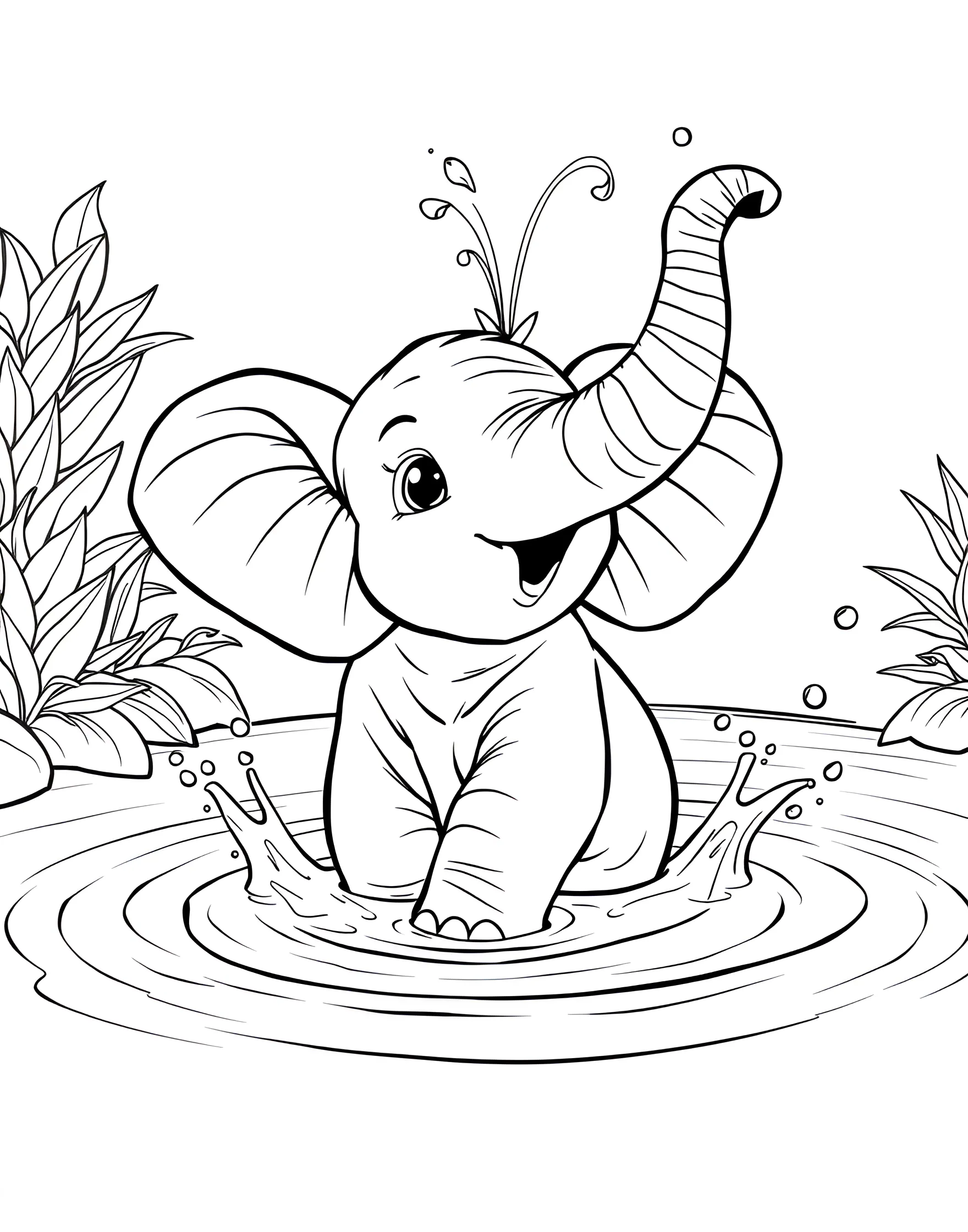 Playful Baby Elephant Splashing Coloring Page -- prompt: "A baby elephant playing and splashing in a watering hole, spraying water with its trunk." -- This delightful coloring page features a baby elephant having the time of its life in a watering hole. Its trunk is raised high, spraying water in a joyful arc as it splashes about. The scene captures the innocence and playfulness of young elephants, making it a perfect choice for children.