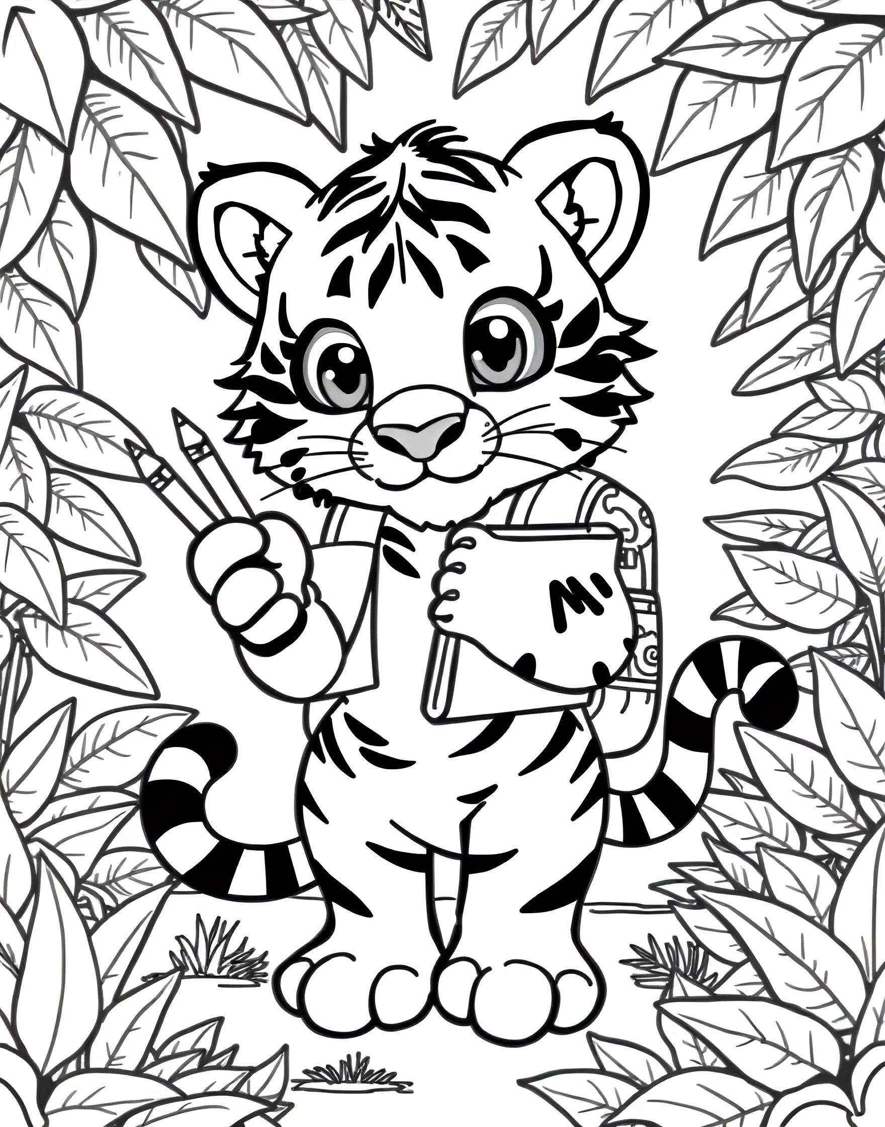 Tiger Cub School Day Coloring Page -- prompt: "A tiger cub wearing a backpack and holding school supplies." -- Join a little tiger cub on its first day of school with this adorable coloring page. The cub is wearing a backpack and holding school supplies, ready for a day of learning. This charming scene is perfect for back-to-school themed coloring sessions.