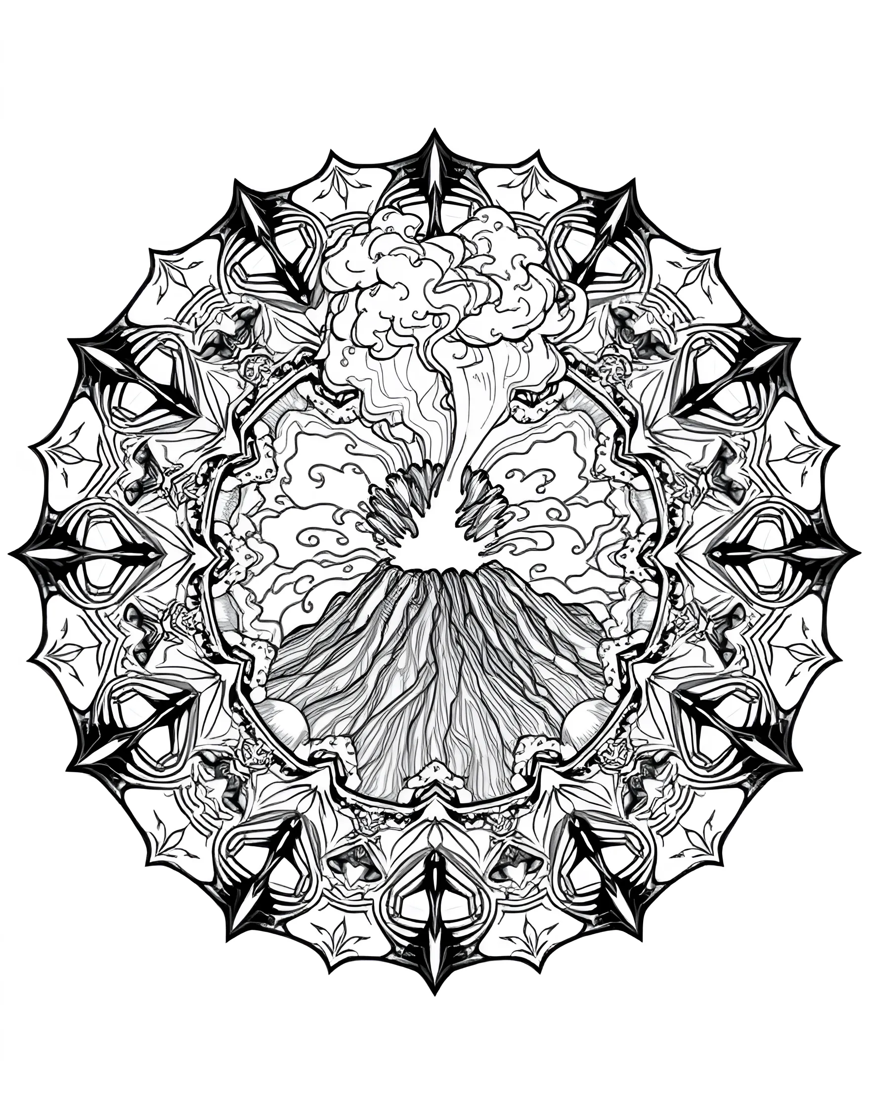 Volcanic Eruption Mandala Coloring Page -- prompt: "A circular mandala depicting a volcanic eruption, with lava flows, smoke plumes, and volcanic rocks arranged in a symmetrical design." -- Feel the heat of this explosive mandala design. Lava flows, smoke plumes, and volcanic rocks form a dynamic circular pattern. This page offers a unique opportunity to explore warm color palettes and create a sense of movement.