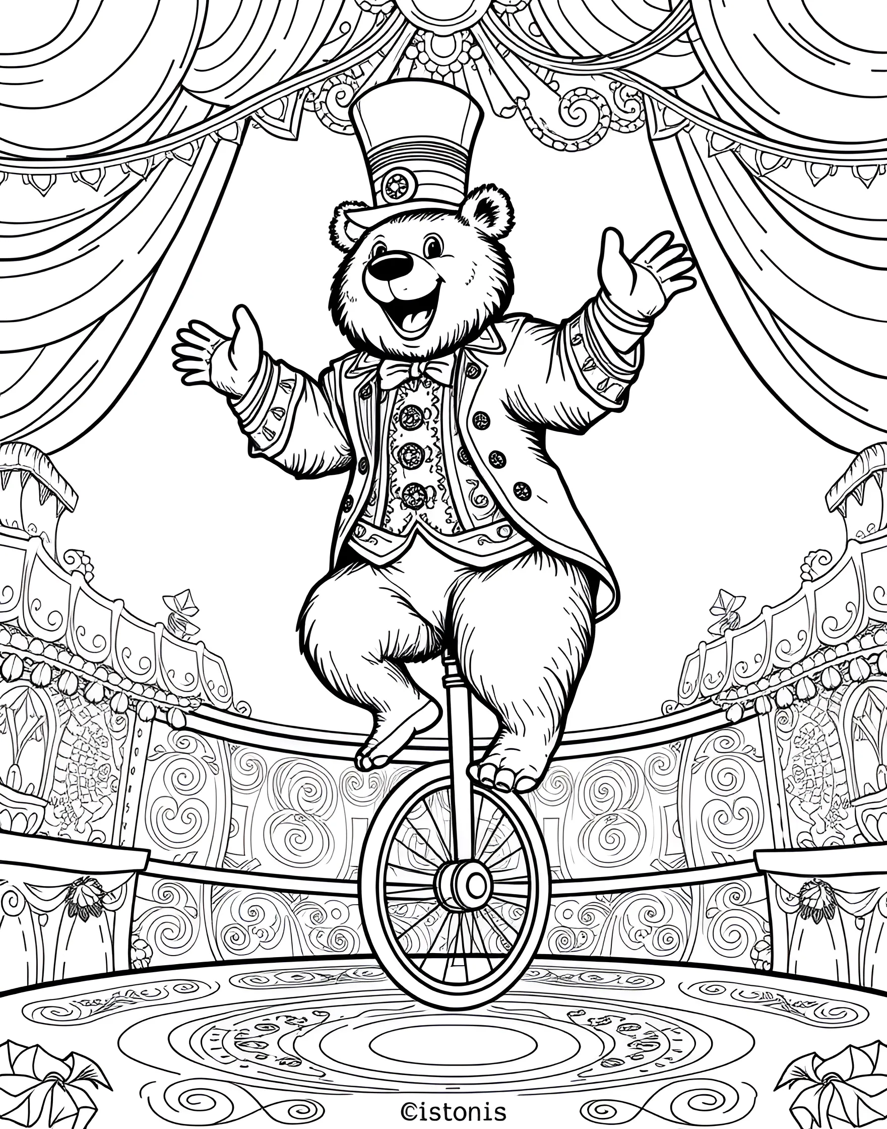 Circus Bear on Unicycle Coloring Page -- prompt: "A bear wearing a costume and hat, riding a unicycle in a circus ring." -- Step right up to this entertaining coloring page featuring a circus bear on a unicycle. The bear is balancing precariously on the one-wheeled bike, wearing a colorful costume and hat. This whimsical scene offers a fun coloring experience while also providing an opportunity to discuss the ethics of animal performances.