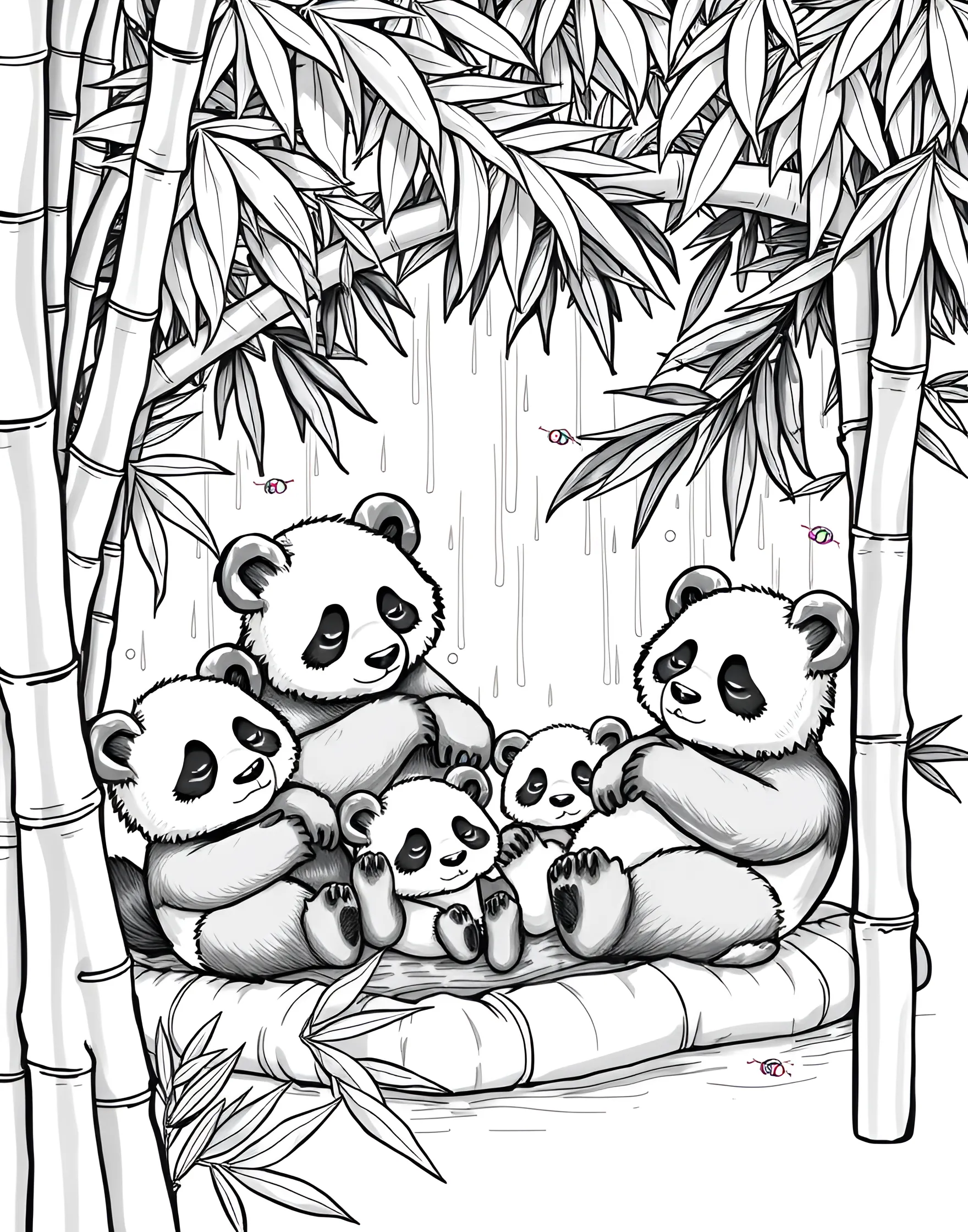 Panda's Rainy Day Indoor Fort Coloring Page -- prompt: "Pandas in a cozy bamboo fort with leaf blankets and glowworm lights on a rainy day." -- Cozy up with pandas on a rainy day in this heartwarming coloring page. Pandas have built an elaborate indoor fort using bamboo stalks and leaves, complete with fairy lights made from glowworms. Some read books, others play games, creating a snug atmosphere.