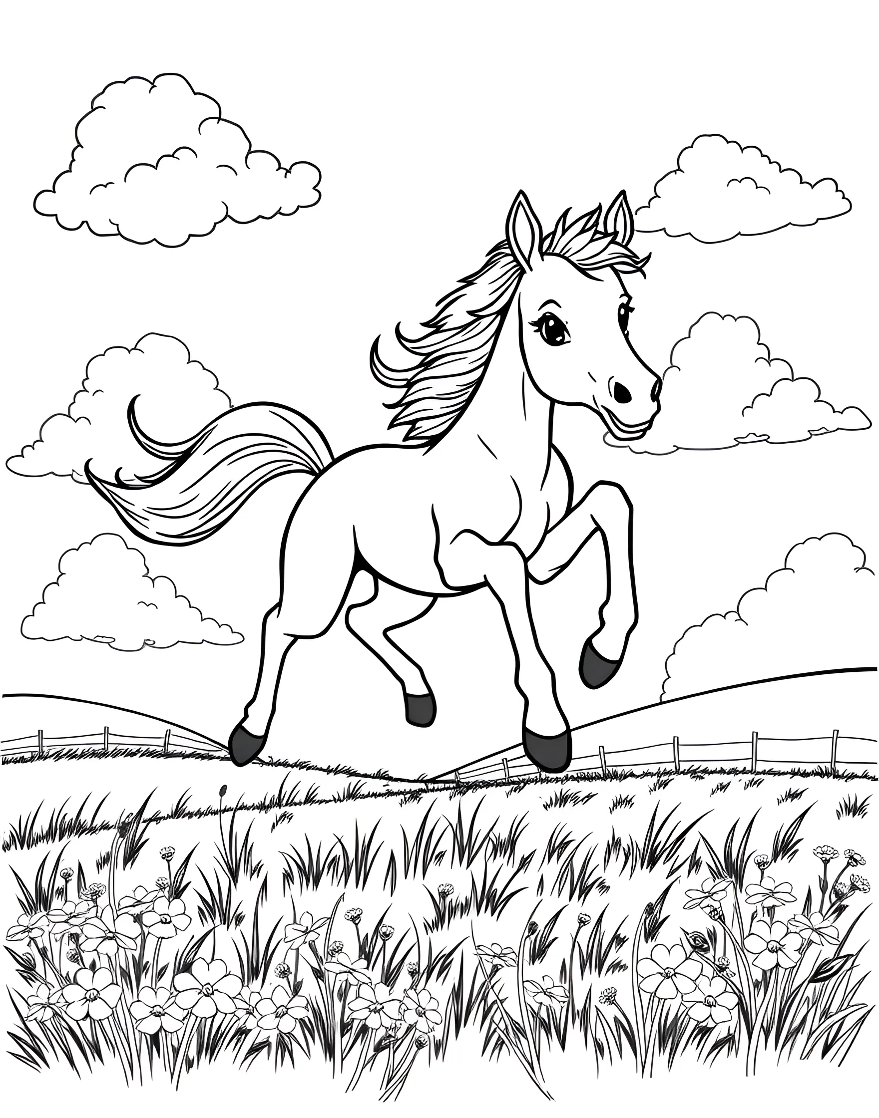 Playful Foal Frolicking Coloring Page -- prompt: "A playful foal jumping and frolicking in a sunny field with fluffy clouds in the sky." -- Capture the joy of youth with this adorable coloring page featuring a playful foal. The young horse is depicted mid-leap, its legs kicked out in pure exuberance. Wispy clouds and a bright sun in the sky add to the cheerful atmosphere, making this page perfect for those who love to color scenes full of life and energy.