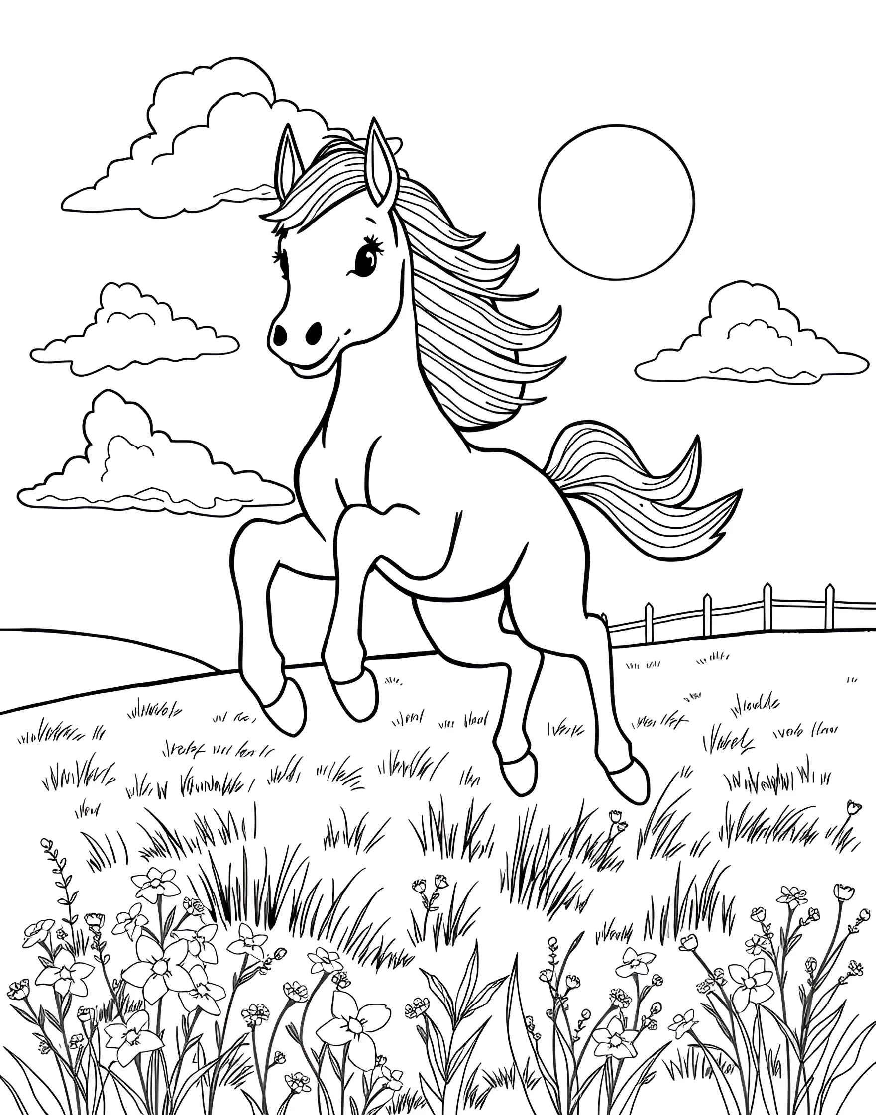 Playful Foal Frolicking Coloring Page -- prompt: "A playful foal jumping and frolicking in a sunny field with fluffy clouds in the sky." -- Capture the joy of youth with this adorable coloring page featuring a playful foal. The young horse is depicted mid-leap, its legs kicked out in pure exuberance. Wispy clouds and a bright sun in the sky add to the cheerful atmosphere, making this page perfect for those who love to color scenes full of life and energy.