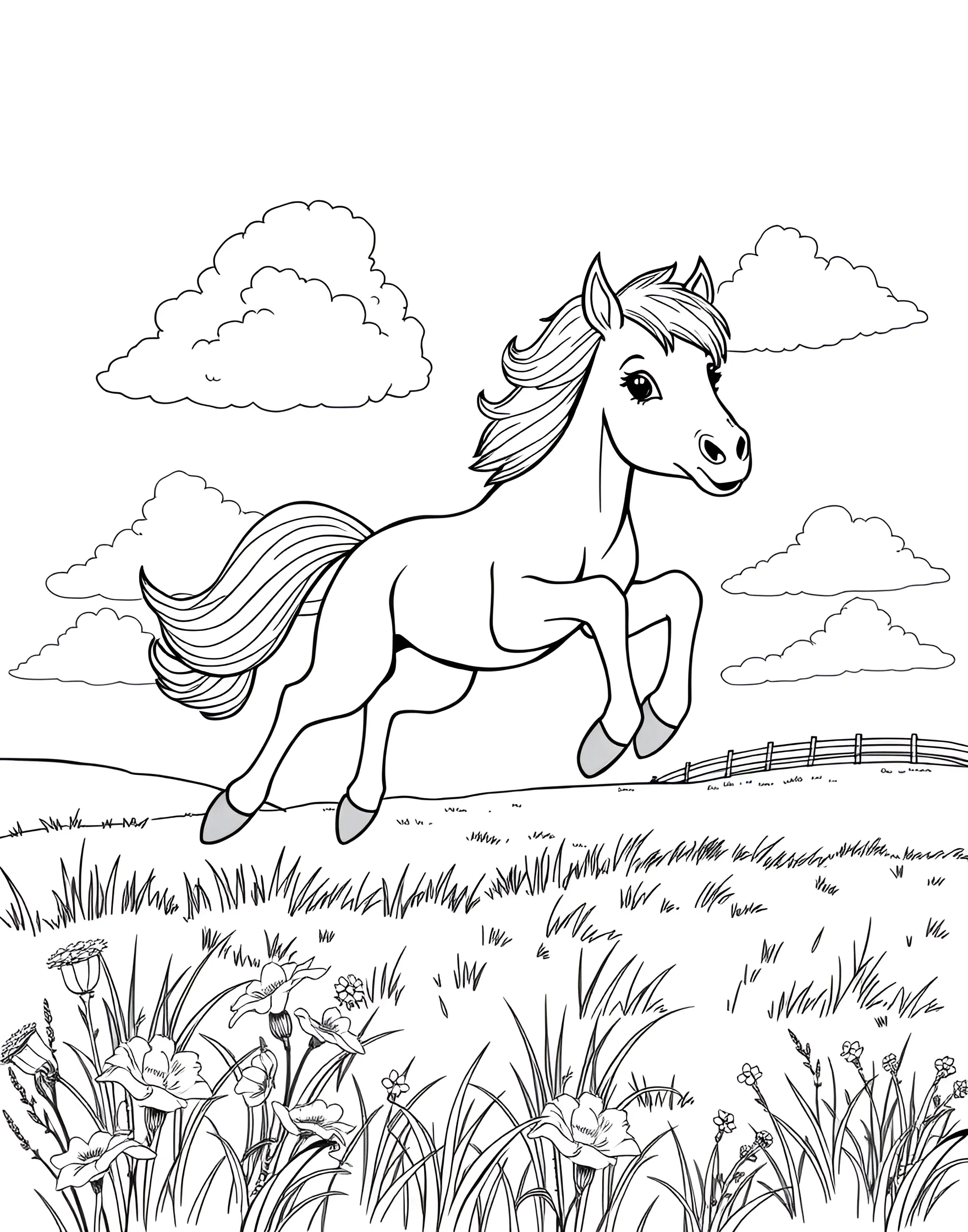 Playful Foal Frolicking Coloring Page -- prompt: "A playful foal jumping and frolicking in a sunny field with fluffy clouds in the sky." -- Capture the joy of youth with this adorable coloring page featuring a playful foal. The young horse is depicted mid-leap, its legs kicked out in pure exuberance. Wispy clouds and a bright sun in the sky add to the cheerful atmosphere, making this page perfect for those who love to color scenes full of life and energy.