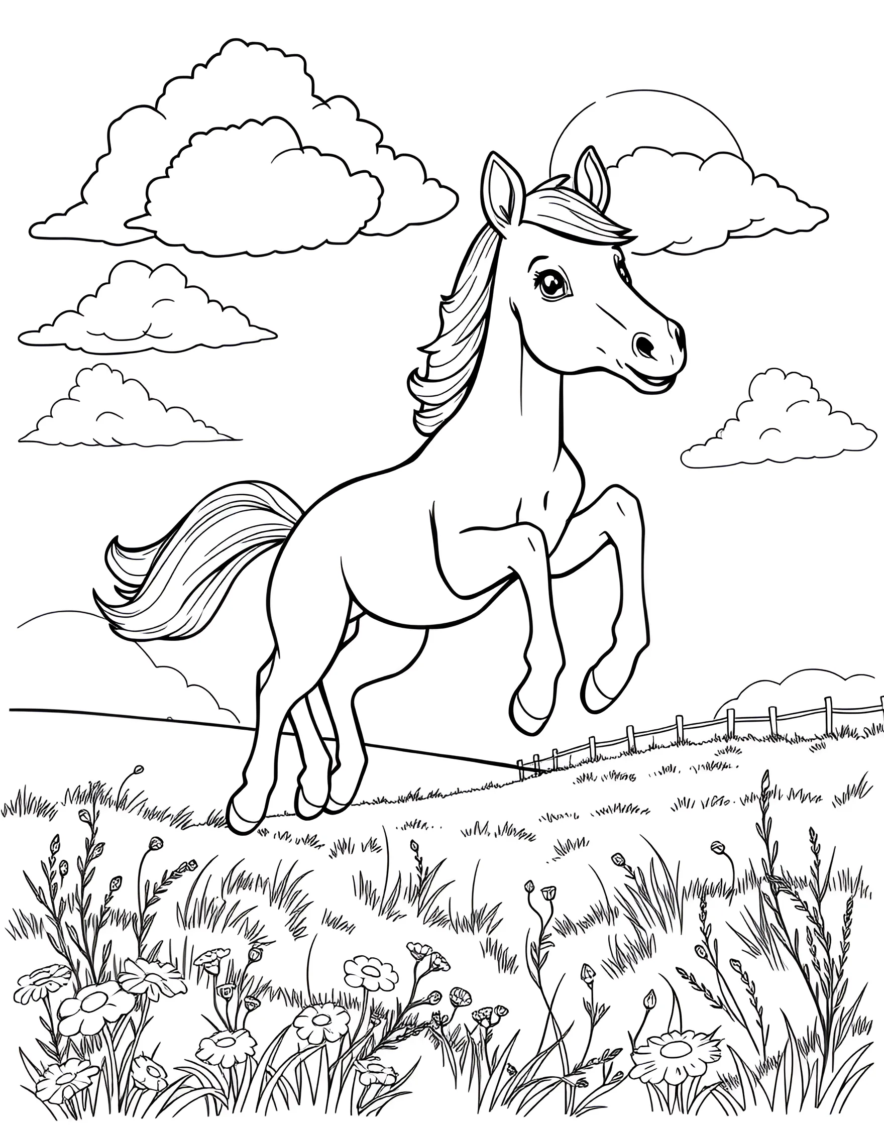 Playful Foal Frolicking Coloring Page -- prompt: "A playful foal jumping and frolicking in a sunny field with fluffy clouds in the sky." -- Capture the joy of youth with this adorable coloring page featuring a playful foal. The young horse is depicted mid-leap, its legs kicked out in pure exuberance. Wispy clouds and a bright sun in the sky add to the cheerful atmosphere, making this page perfect for those who love to color scenes full of life and energy.