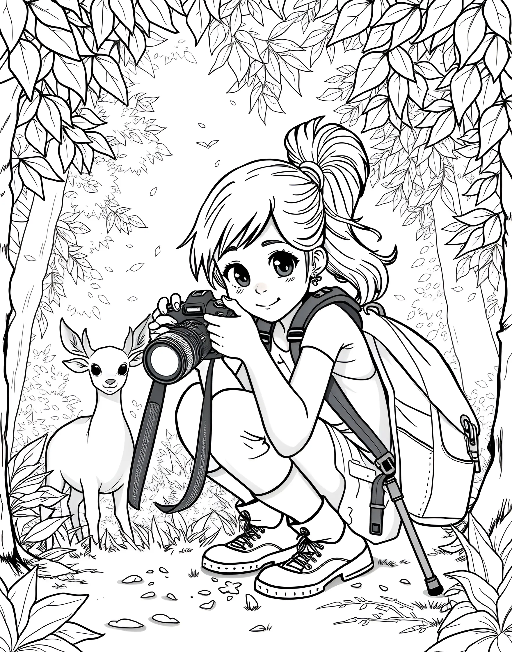 Girl Photographer Capturing Nature Coloring Page -- prompt: "A girl photographer taking pictures of animals in a forest setting with her camera." -- Focus on creativity with this coloring page of a girl photographer in nature. She's shown taking pictures of wildlife, surrounded by trees and animals. This page encourages an appreciation for nature and the art of photography.