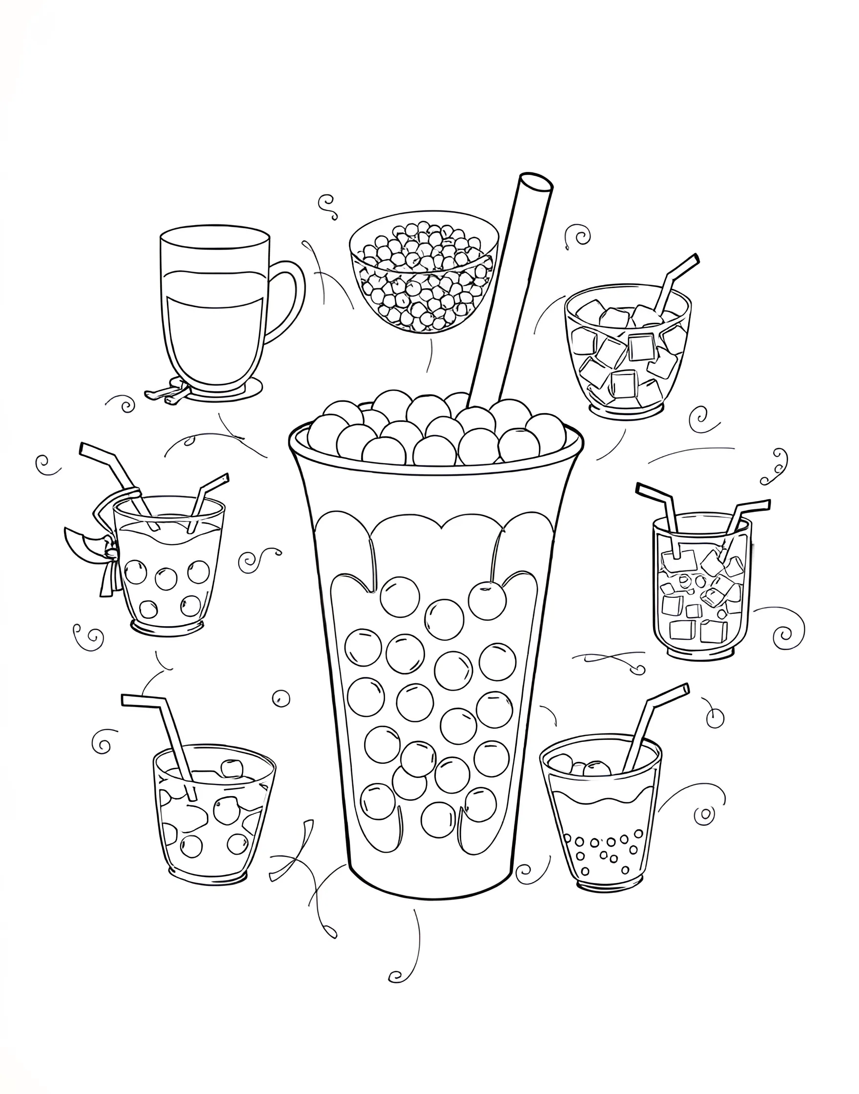 Boba Drink Making Process Coloring Page -- prompt: "A series of steps showing the boba drink making process, from brewing tea to adding toppings." -- Learn how boba drinks are made with this step-by-step coloring page. The page is divided into sections showing the process of making a boba drink, from brewing the tea to adding tapioca pearls and toppings. It's an educational and fun way to understand the art of boba-making.