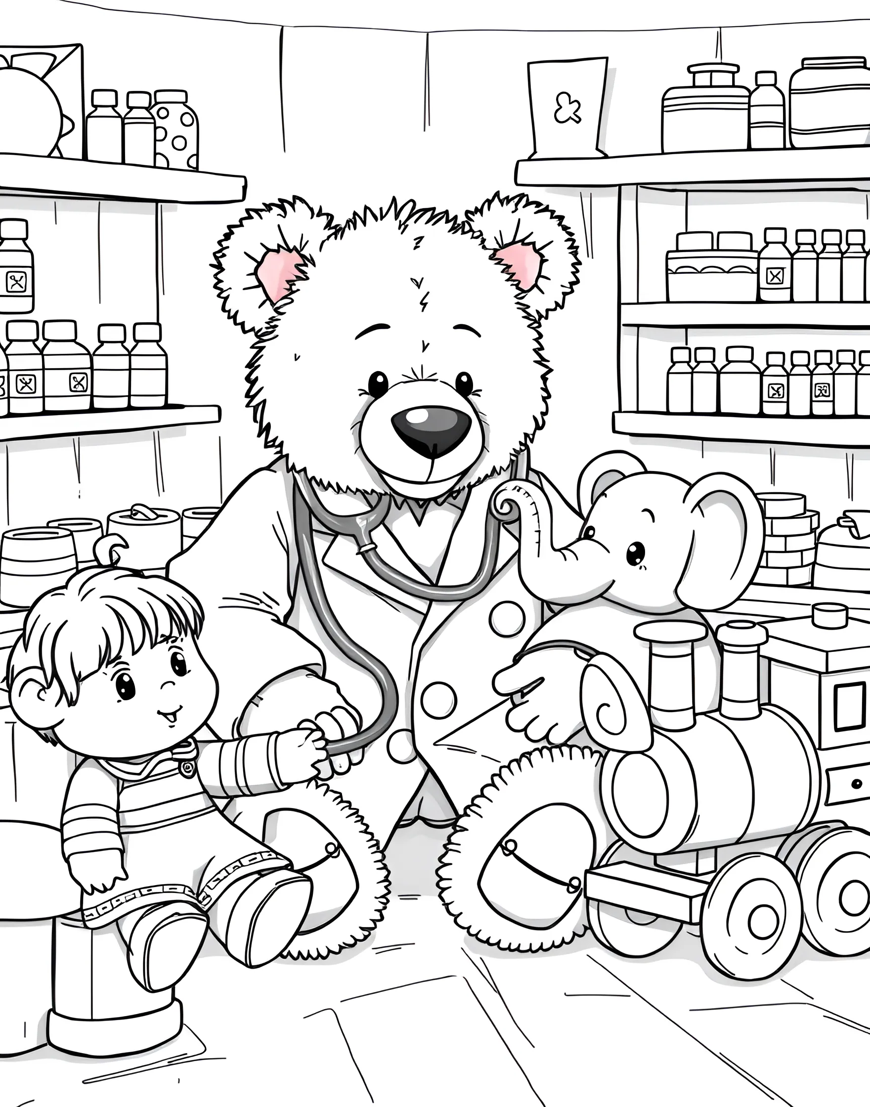 Teddy Bear Doctor's Office Coloring Page -- prompt: "A teddy bear doctor treating various toy patients in a cute and cozy medical office." -- This heartwarming coloring page brings stuffed animals to life in a teddy bear doctor's office. A kind bear doctor tends to various toy patients, from a doll with a missing button to a toy car with a flat tire. The waiting room is filled with nervous stuffed animals reading tiny magazines, while nurse bunnies assist with bandages and hugs.