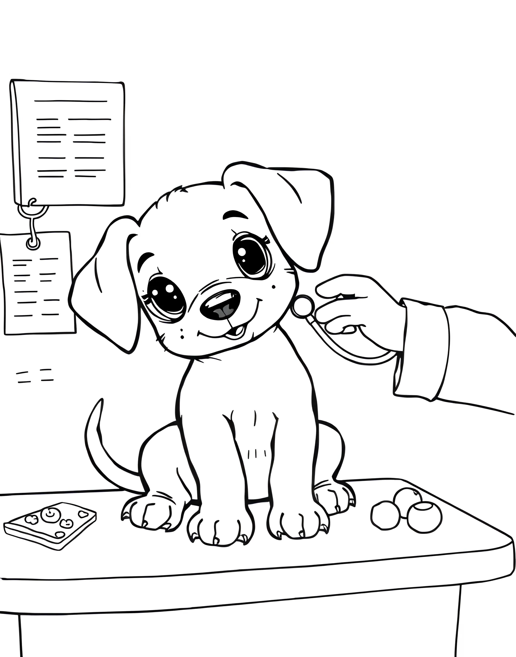 Puppy's First Vet Visit Coloring Page -- prompt: "A puppy sitting on an examination table, being checked by a smiling veterinarian with various medical tools nearby." -- This informative coloring page depicts a brave puppy at its first veterinary check-up. The pup is sitting on an examination table, being gently examined by a kind veterinarian. It's a great page for teaching children about pet care and health.