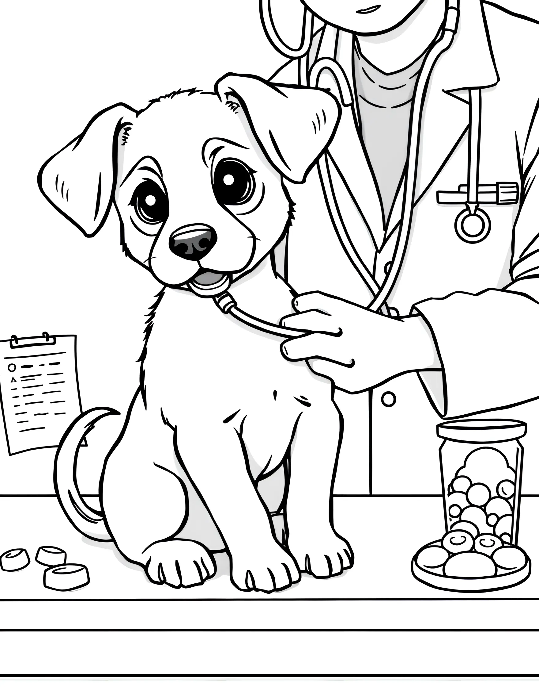 Puppy's First Vet Visit Coloring Page -- prompt: "A puppy sitting on an examination table, being checked by a smiling veterinarian with various medical tools nearby." -- This informative coloring page depicts a brave puppy at its first veterinary check-up. The pup is sitting on an examination table, being gently examined by a kind veterinarian. It's a great page for teaching children about pet care and health.