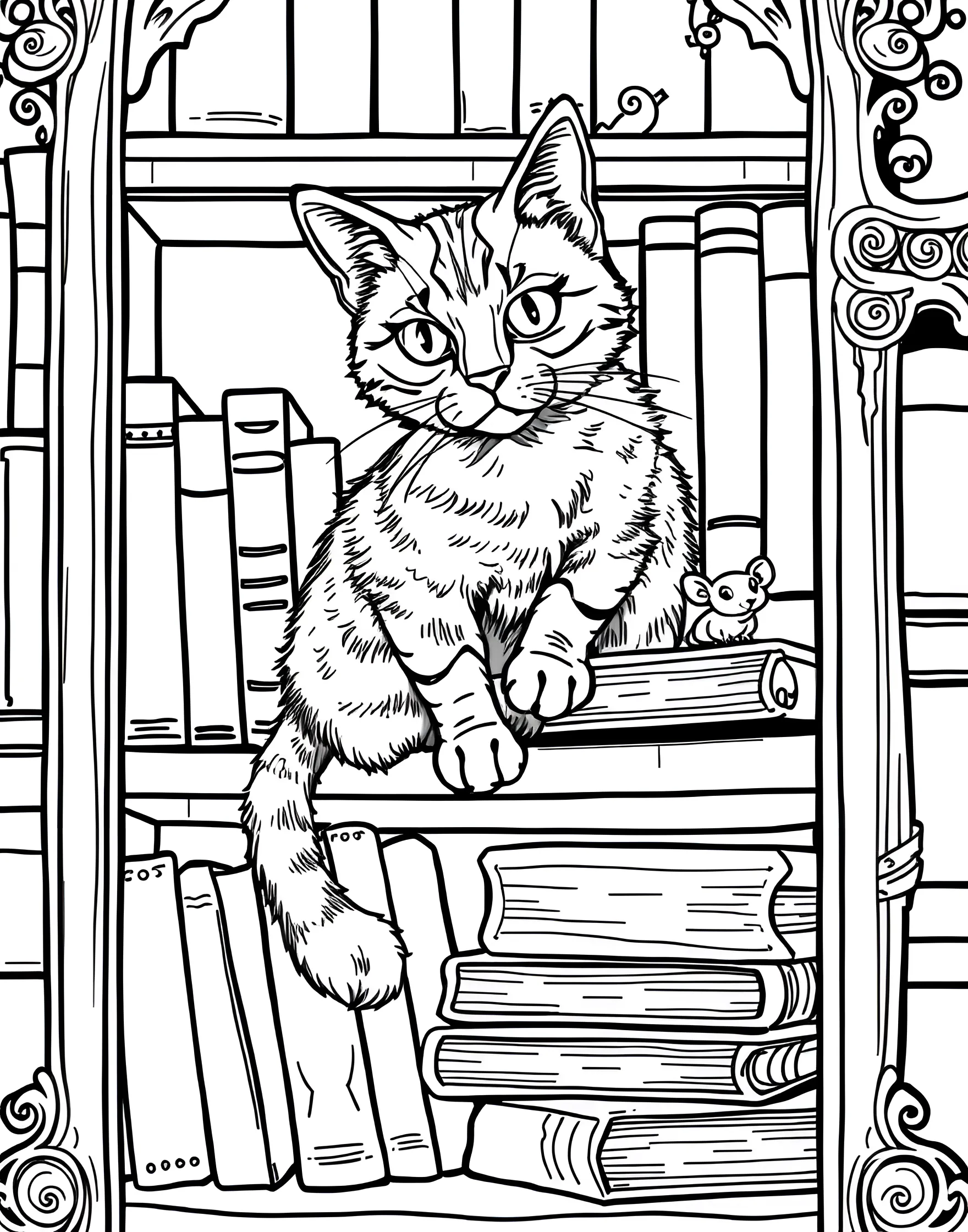 Curious Cat in a Bookshelf Coloring Page -- prompt: "A cat sitting on a bookshelf, surrounded by books of various sizes." -- This charming coloring page features a curious cat nestled among books on a shelf. The cat's wide eyes and perked ears convey its inquisitive nature, while the surrounding books add an intellectual touch. It's a perfect blend of feline charm and the cozy atmosphere of a home library.