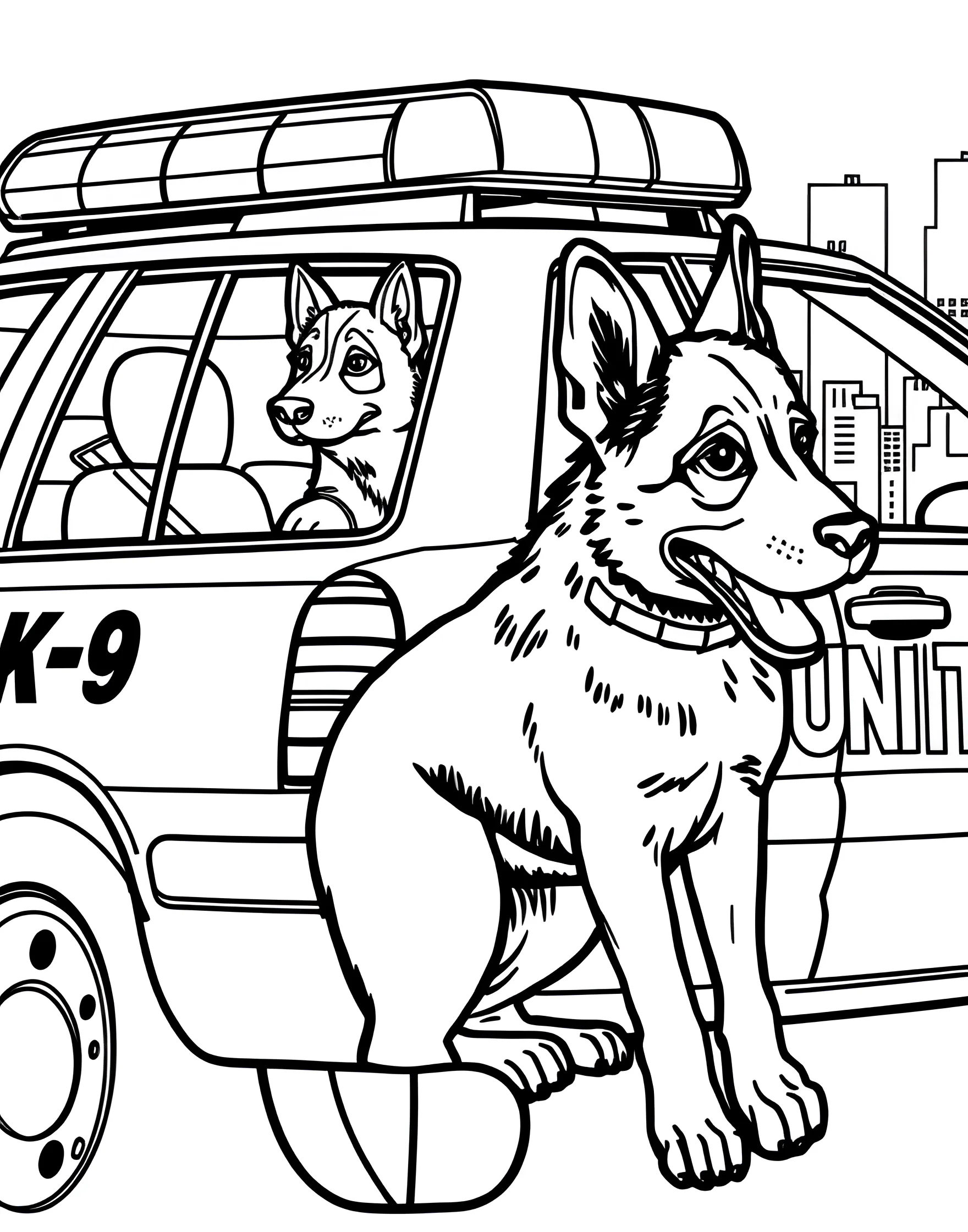 K-9 Unit Police Car Coloring Page -- prompt: "A K-9 unit police car with a police dog visible in the back seat." -- Featuring a special K-9 unit police car, this page showcases the vehicle with a police dog visible in the back seat. The car has 'K-9 Unit' written on its side, introducing children to different types of police vehicles. It's perfect for kids who love both cars and dogs!