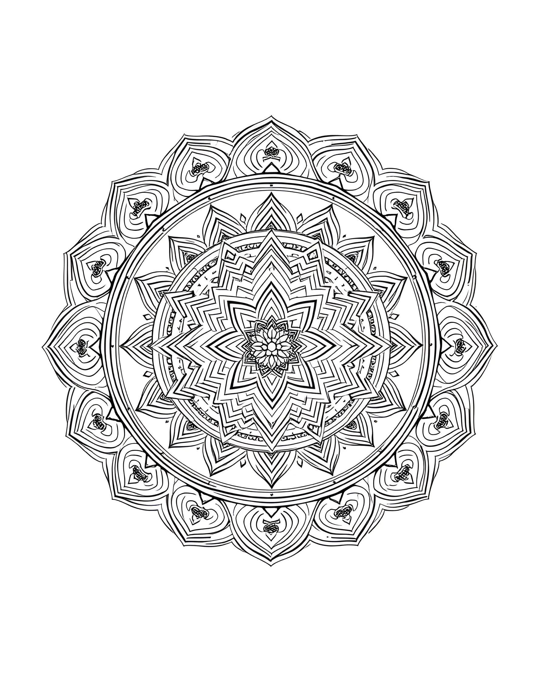 Chakra Harmony Mandala Coloring Page -- prompt: "A mandala divided into seven concentric rings, each representing a chakra with its associated symbols and patterns." -- Align your energy centers with this chakra-themed mandala. Each ring corresponds to a different chakra, featuring symbols and patterns associated with that energy point. As you color, reflect on the balance and harmony within yourself.