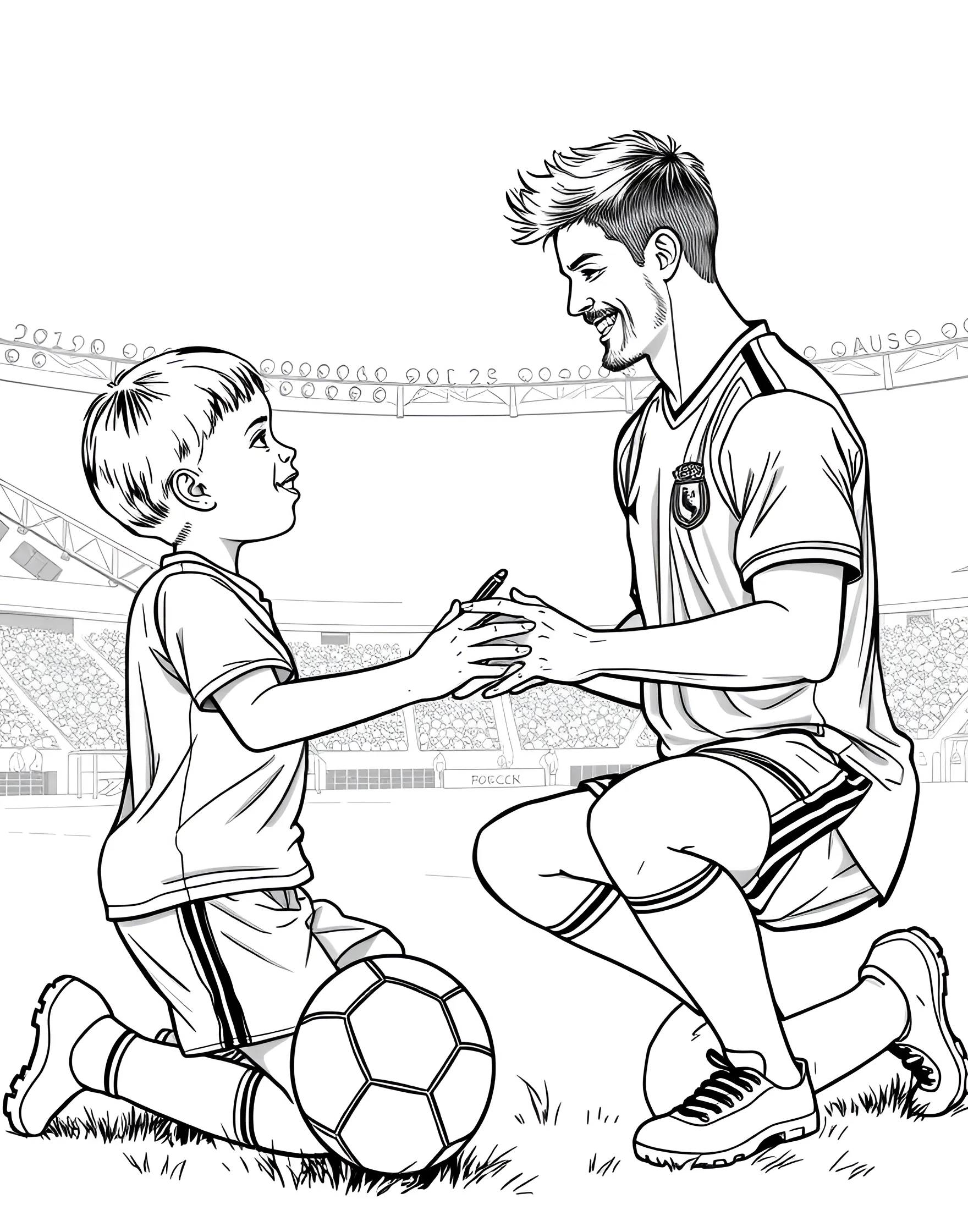 Soccer Player Signing Autograph Coloring Page -- prompt: "A soccer player signing an autograph for an excited young fan after a match." -- This heartwarming coloring page shows a soccer player signing an autograph for a young fan. The player is depicted kneeling down to the child's level, with a friendly smile. This page celebrates the connection between players and their supporters.