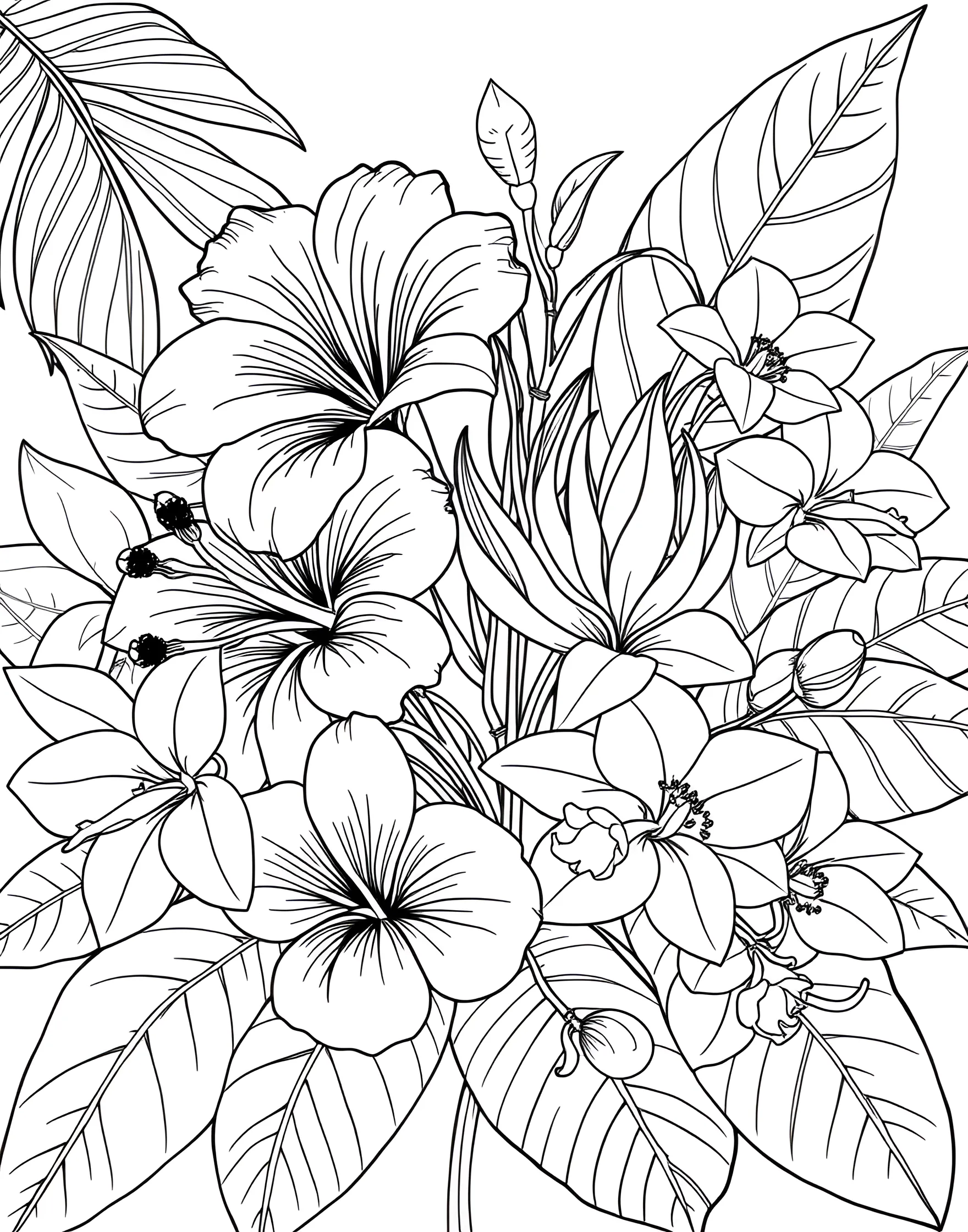 Exotic Tropical Flower Medley Coloring Page -- prompt: "A collection of various tropical flowers including hibiscus, bird of paradise, and orchids with large leaves." -- Escape to a tropical paradise with this exotic flower medley coloring page. A vibrant mix of hibiscus, bird of paradise, and other tropical blooms creates a lush scene. This page is ideal for those who love bold, dramatic flowers and dream of island vacations.