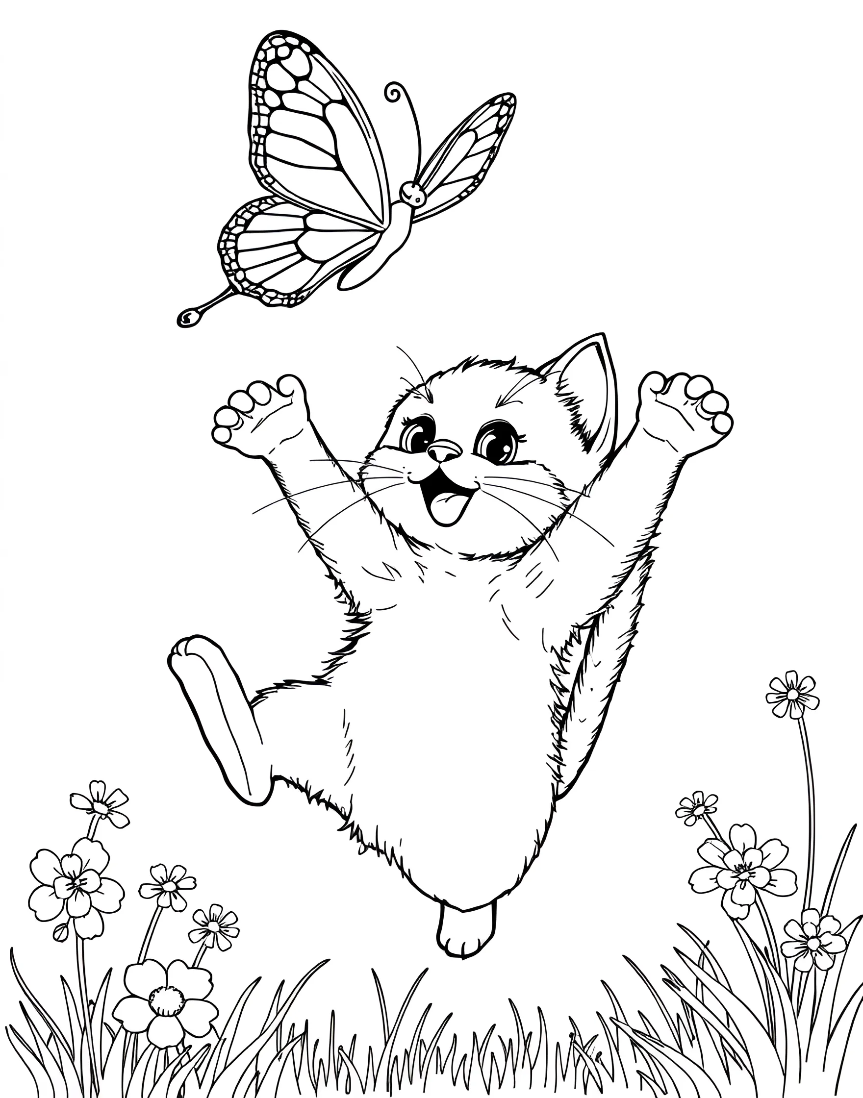 Playful Kitten with Butterfly Coloring Page -- prompt: "A kitten leaping in the air, trying to catch a colorful butterfly flying above it." -- This lively coloring page shows a kitten attempting to catch a butterfly. The kitten's outstretched paws and the butterfly's delicate wings create a scene full of movement and joy. It's a delightful representation of a cat's playful nature.