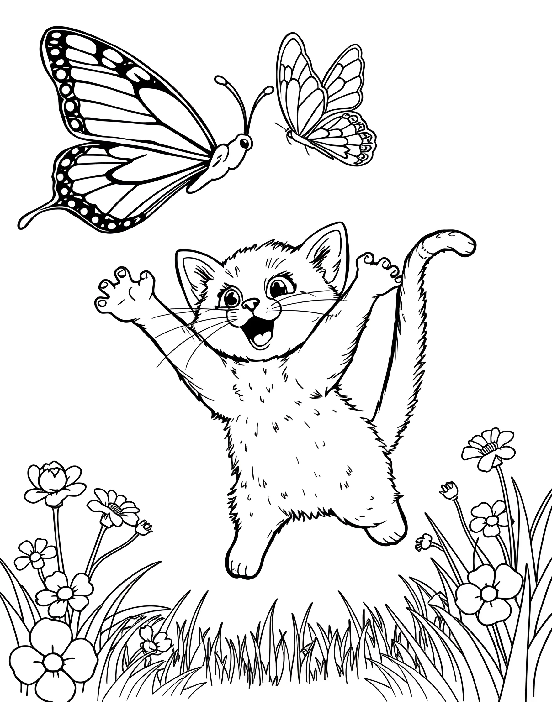 Playful Kitten with Butterfly Coloring Page -- prompt: "A kitten leaping in the air, trying to catch a colorful butterfly flying above it." -- This lively coloring page shows a kitten attempting to catch a butterfly. The kitten's outstretched paws and the butterfly's delicate wings create a scene full of movement and joy. It's a delightful representation of a cat's playful nature.