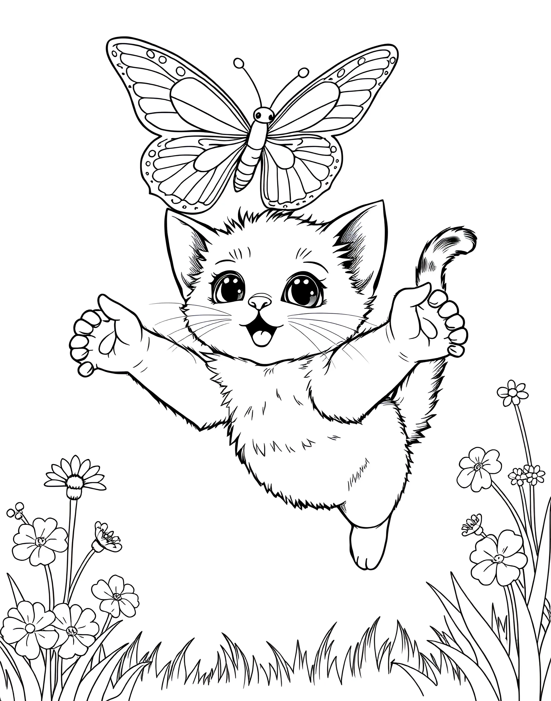 Playful Kitten with Butterfly Coloring Page -- prompt: "A kitten leaping in the air, trying to catch a colorful butterfly flying above it." -- This lively coloring page shows a kitten attempting to catch a butterfly. The kitten's outstretched paws and the butterfly's delicate wings create a scene full of movement and joy. It's a delightful representation of a cat's playful nature.