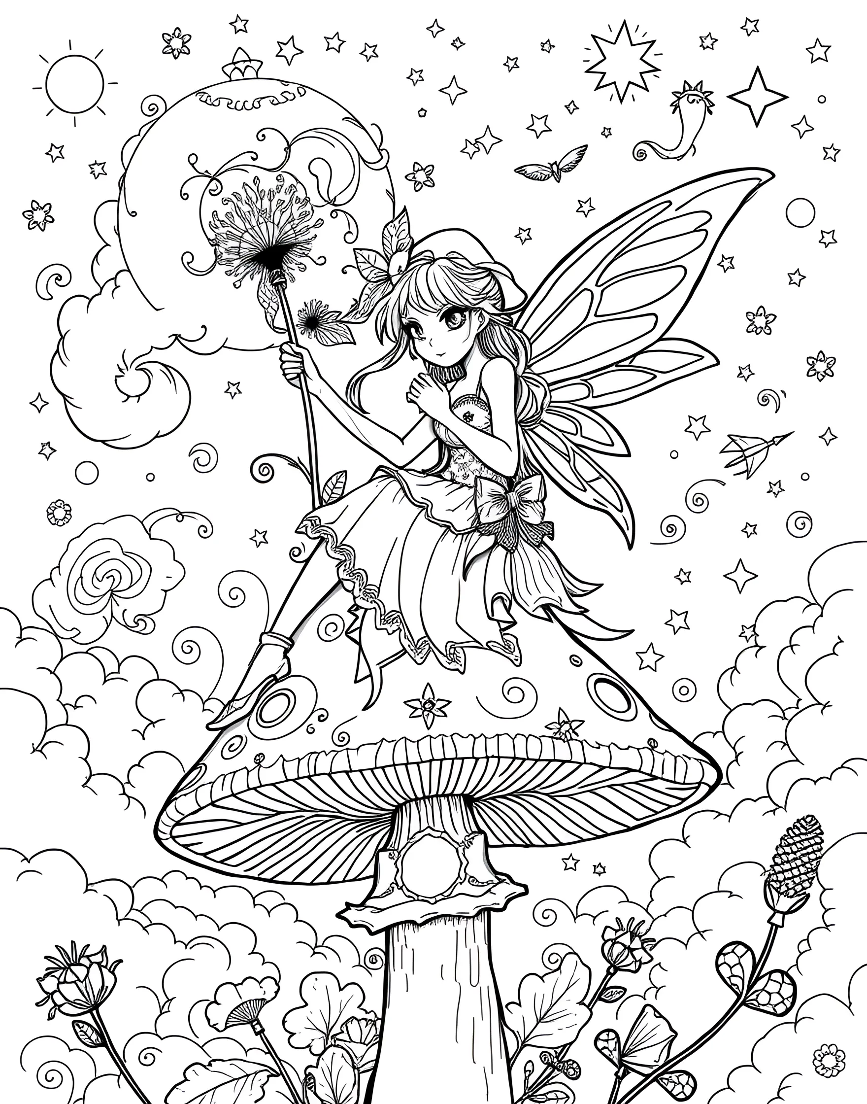 Fairy Weather Forecaster Predicting Magic Coloring Page -- prompt: "A fairy weather forecaster on a mushroom, using a dandelion weather vane and dew drop crystal ball, with magical weather patterns in the sky." -- This whimsical coloring page features a fairy weather forecaster at work. She stands atop a mushroom cap, using a dandelion as a weather vane and consulting a dew drop crystal ball. The sky above is filled with various magical weather patterns, from rainbow rain to stardust clouds, providing a fantastical scene for creative coloring.