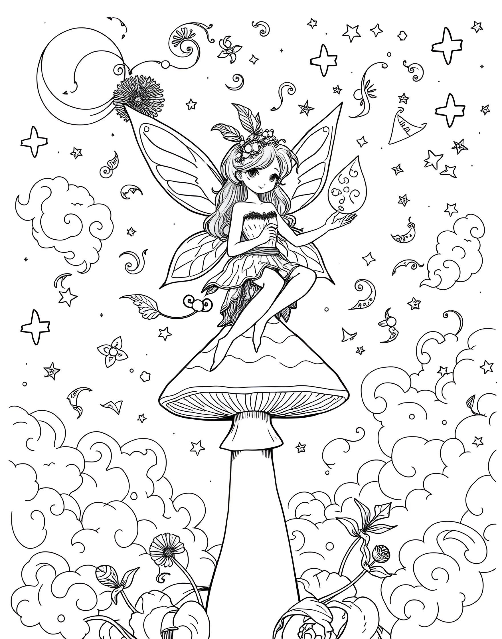 Fairy Weather Forecaster Predicting Magic Coloring Page -- prompt: "A fairy weather forecaster on a mushroom, using a dandelion weather vane and dew drop crystal ball, with magical weather patterns in the sky." -- This whimsical coloring page features a fairy weather forecaster at work. She stands atop a mushroom cap, using a dandelion as a weather vane and consulting a dew drop crystal ball. The sky above is filled with various magical weather patterns, from rainbow rain to stardust clouds, providing a fantastical scene for creative coloring.