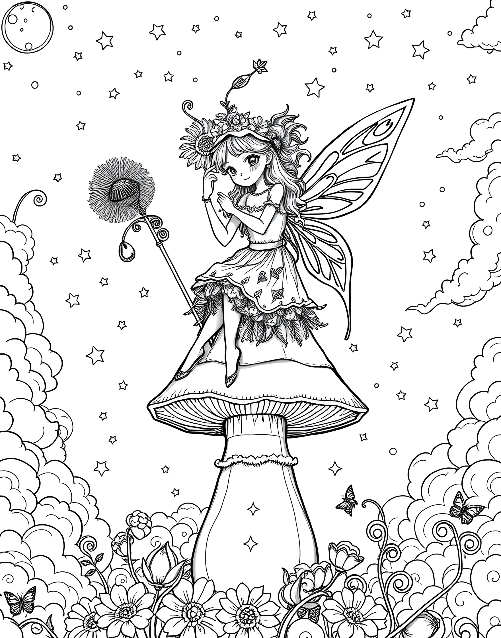 Fairy Weather Forecaster Predicting Magic Coloring Page -- prompt: "A fairy weather forecaster on a mushroom, using a dandelion weather vane and dew drop crystal ball, with magical weather patterns in the sky." -- This whimsical coloring page features a fairy weather forecaster at work. She stands atop a mushroom cap, using a dandelion as a weather vane and consulting a dew drop crystal ball. The sky above is filled with various magical weather patterns, from rainbow rain to stardust clouds, providing a fantastical scene for creative coloring.