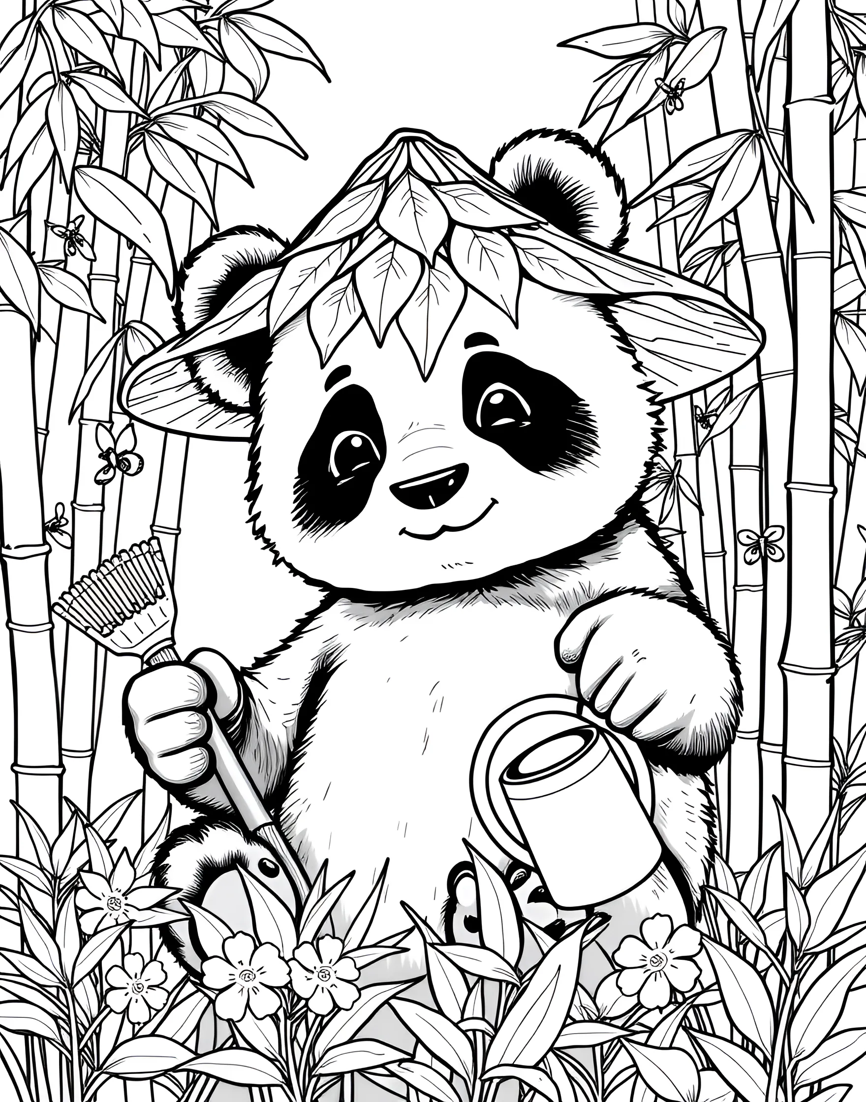 Panda's Bamboo Garden Coloring Page -- prompt: "A panda wearing a leaf sunhat, gardening in a bamboo patch with bamboo gardening tools." -- Discover a panda's green thumb with this charming gardening scene. A diligent panda tends to a garden of young bamboo shoots, wearing a sunhat made of a large leaf. Gardening tools crafted from bamboo and stones lie nearby, emphasizing the panda's nurturing nature.