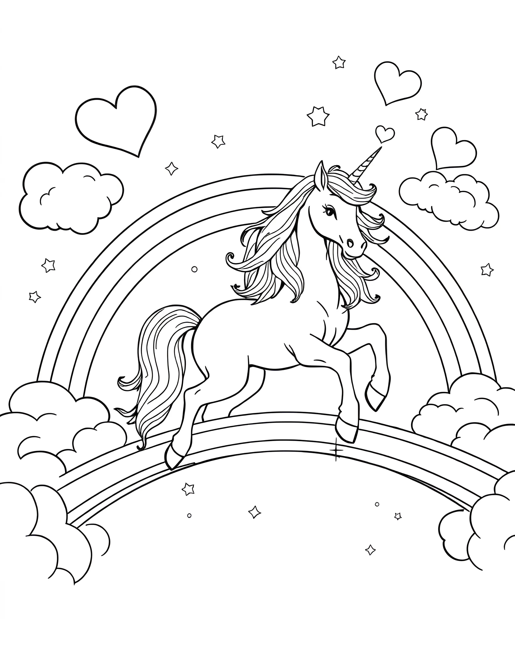 Magical Unicorn Rainbow Adventure Coloring Page -- prompt: "A cute unicorn walking on a rainbow bridge with clouds and stars in the background." -- Enter a world of fantasy with this enchanting unicorn coloring page. A beautiful unicorn prances across a rainbow bridge, surrounded by fluffy clouds and twinkling stars. The unicorn's flowing mane and tail offer plenty of opportunities for creative coloring, while cute details like smiling clouds add extra charm to the scene.