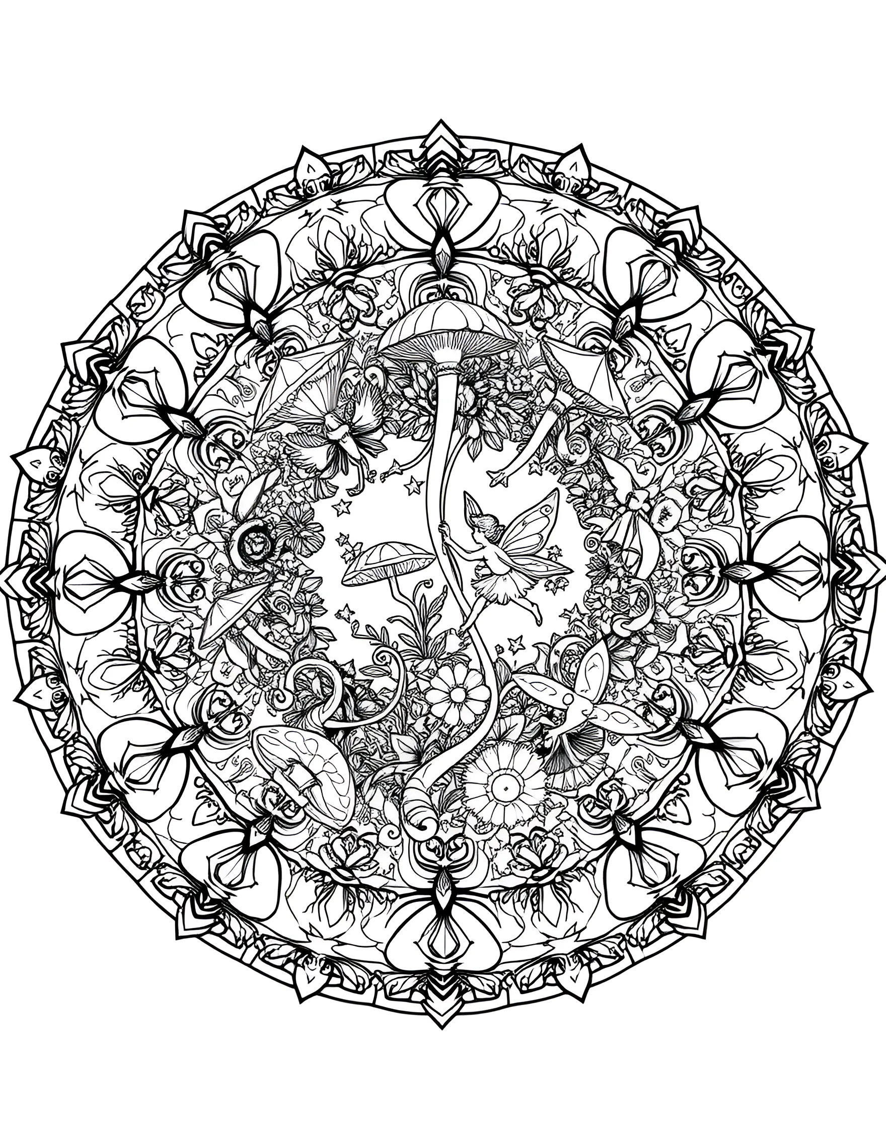 Enchanted Fairy Ring Mandala Coloring Page -- prompt: "A circular mandala depicting a fairy ring, with tiny fairies, mushrooms, and magical flora arranged in an enchanted design." -- Step into a world of magic with this fairy-inspired mandala. Tiny sprites, mushrooms, and delicate flowers form a whimsical circular pattern. As you color, imagine the tinkling laughter and fluttering wings of the fae folk.