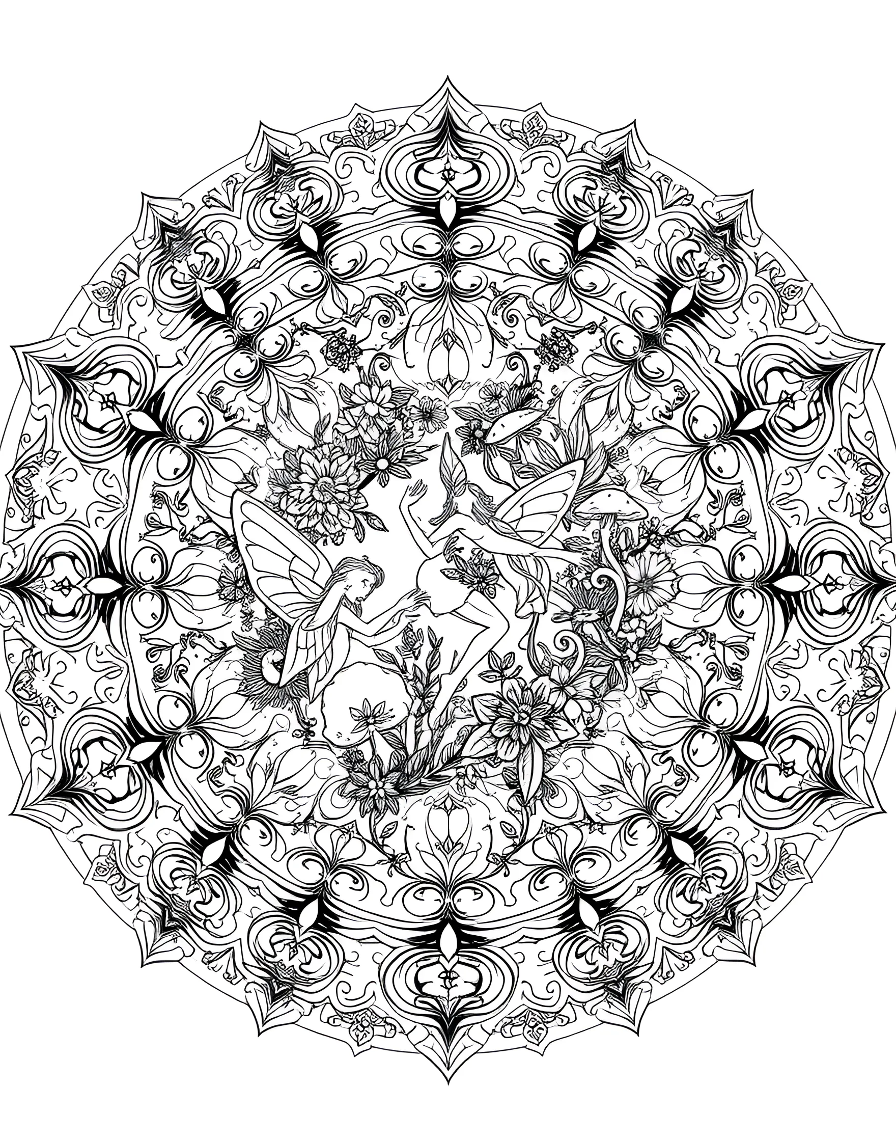 Enchanted Fairy Ring Mandala Coloring Page -- prompt: "A circular mandala depicting a fairy ring, with tiny fairies, mushrooms, and magical flora arranged in an enchanted design." -- Step into a world of magic with this fairy-inspired mandala. Tiny sprites, mushrooms, and delicate flowers form a whimsical circular pattern. As you color, imagine the tinkling laughter and fluttering wings of the fae folk.