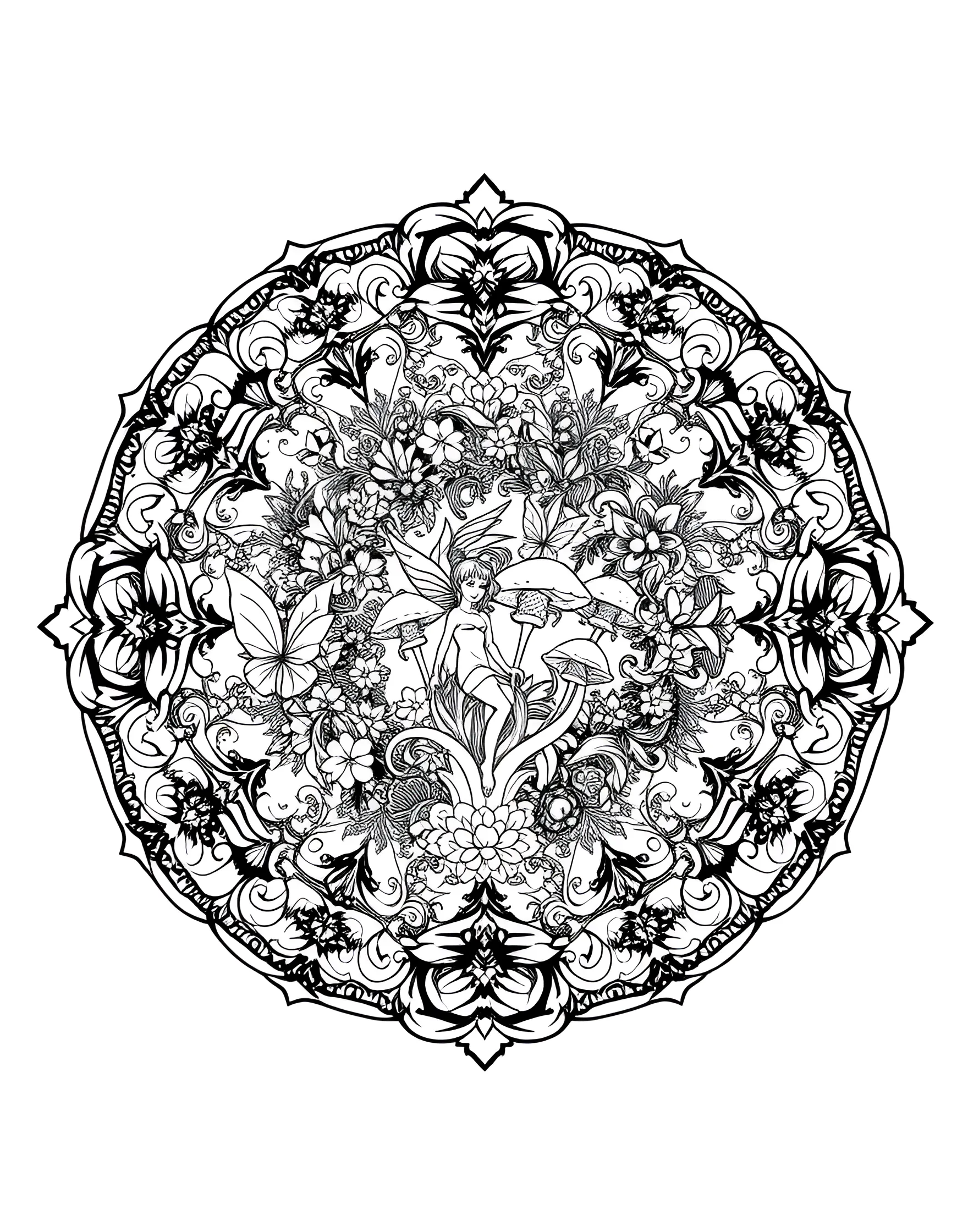 Enchanted Fairy Ring Mandala Coloring Page -- prompt: "A circular mandala depicting a fairy ring, with tiny fairies, mushrooms, and magical flora arranged in an enchanted design." -- Step into a world of magic with this fairy-inspired mandala. Tiny sprites, mushrooms, and delicate flowers form a whimsical circular pattern. As you color, imagine the tinkling laughter and fluttering wings of the fae folk.