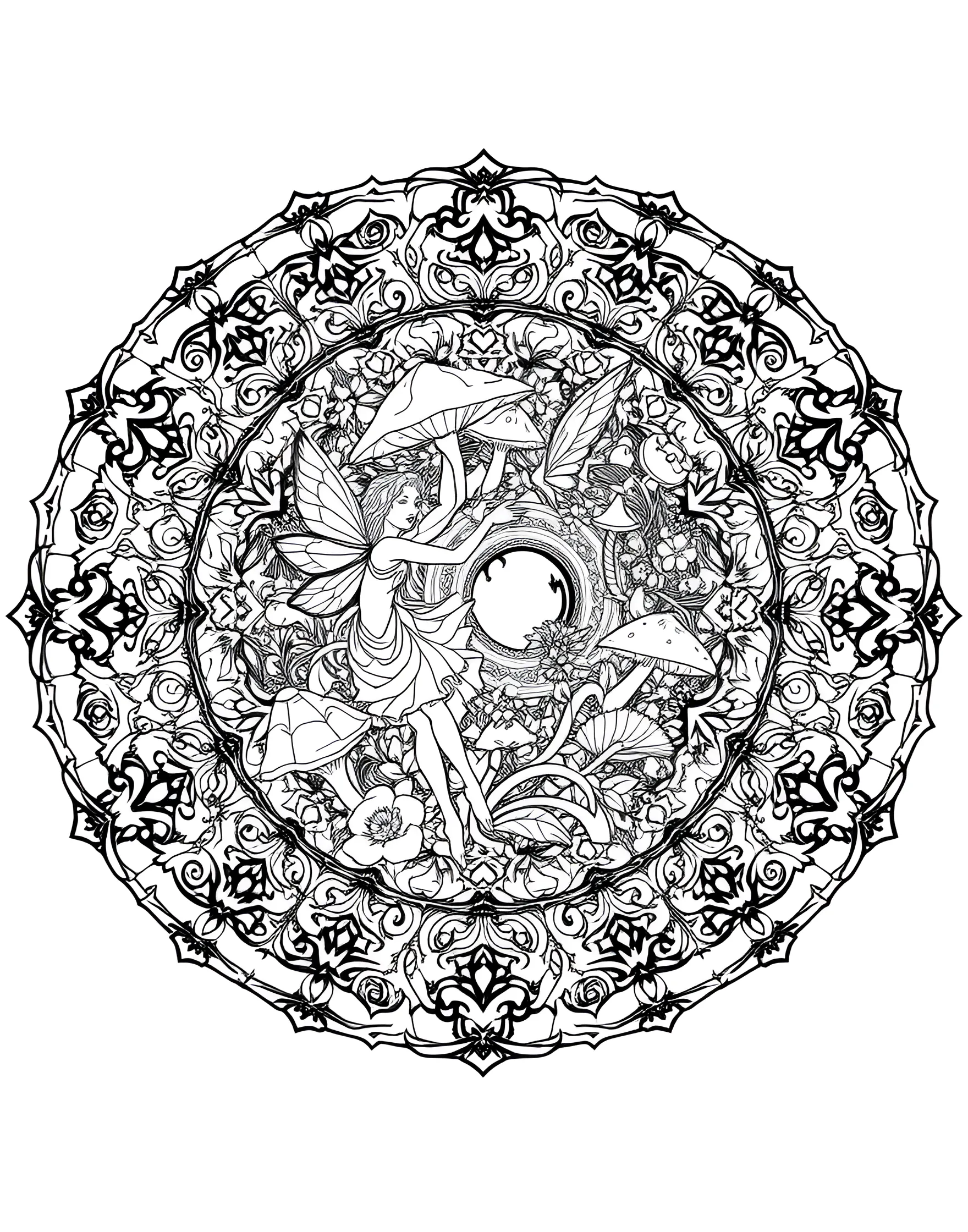 Enchanted Fairy Ring Mandala Coloring Page -- prompt: "A circular mandala depicting a fairy ring, with tiny fairies, mushrooms, and magical flora arranged in an enchanted design." -- Step into a world of magic with this fairy-inspired mandala. Tiny sprites, mushrooms, and delicate flowers form a whimsical circular pattern. As you color, imagine the tinkling laughter and fluttering wings of the fae folk.