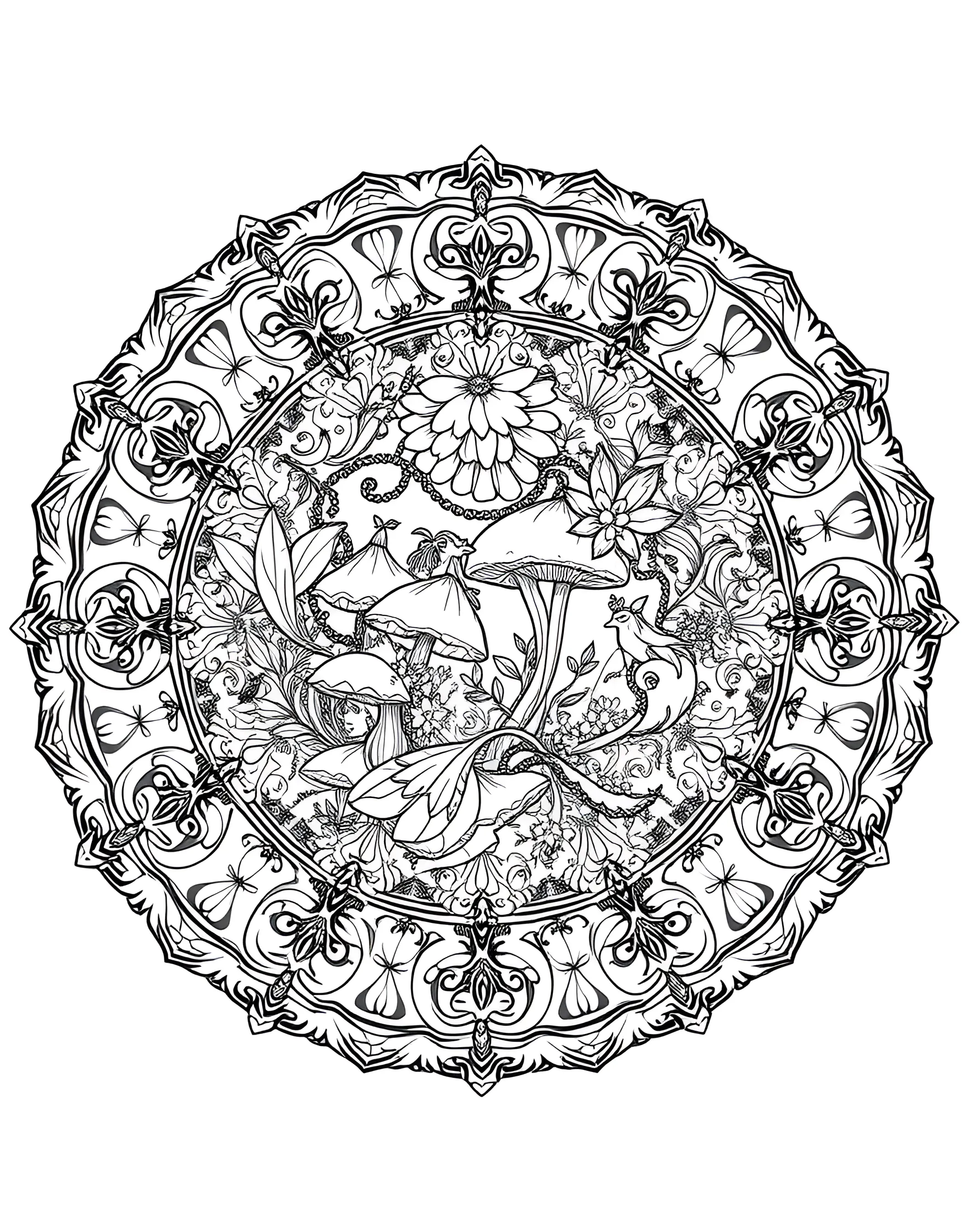 Enchanted Fairy Ring Mandala Coloring Page -- prompt: "A circular mandala depicting a fairy ring, with tiny fairies, mushrooms, and magical flora arranged in an enchanted design." -- Step into a world of magic with this fairy-inspired mandala. Tiny sprites, mushrooms, and delicate flowers form a whimsical circular pattern. As you color, imagine the tinkling laughter and fluttering wings of the fae folk.