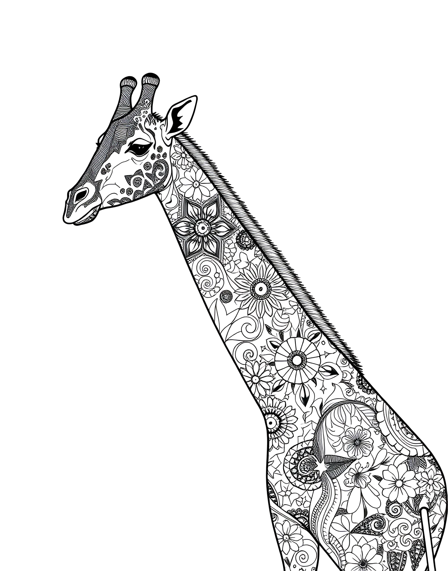 Zentangle-Inspired Giraffe Coloring Page -- prompt: "A giraffe filled with various intricate Zentangle patterns and textures." -- Discover the beauty of patterns with this Zentangle-inspired giraffe coloring page. The design showcases a giraffe filled with intricate doodles and textures. As you color each section, lose yourself in the meditative process and create a truly unique piece of art.