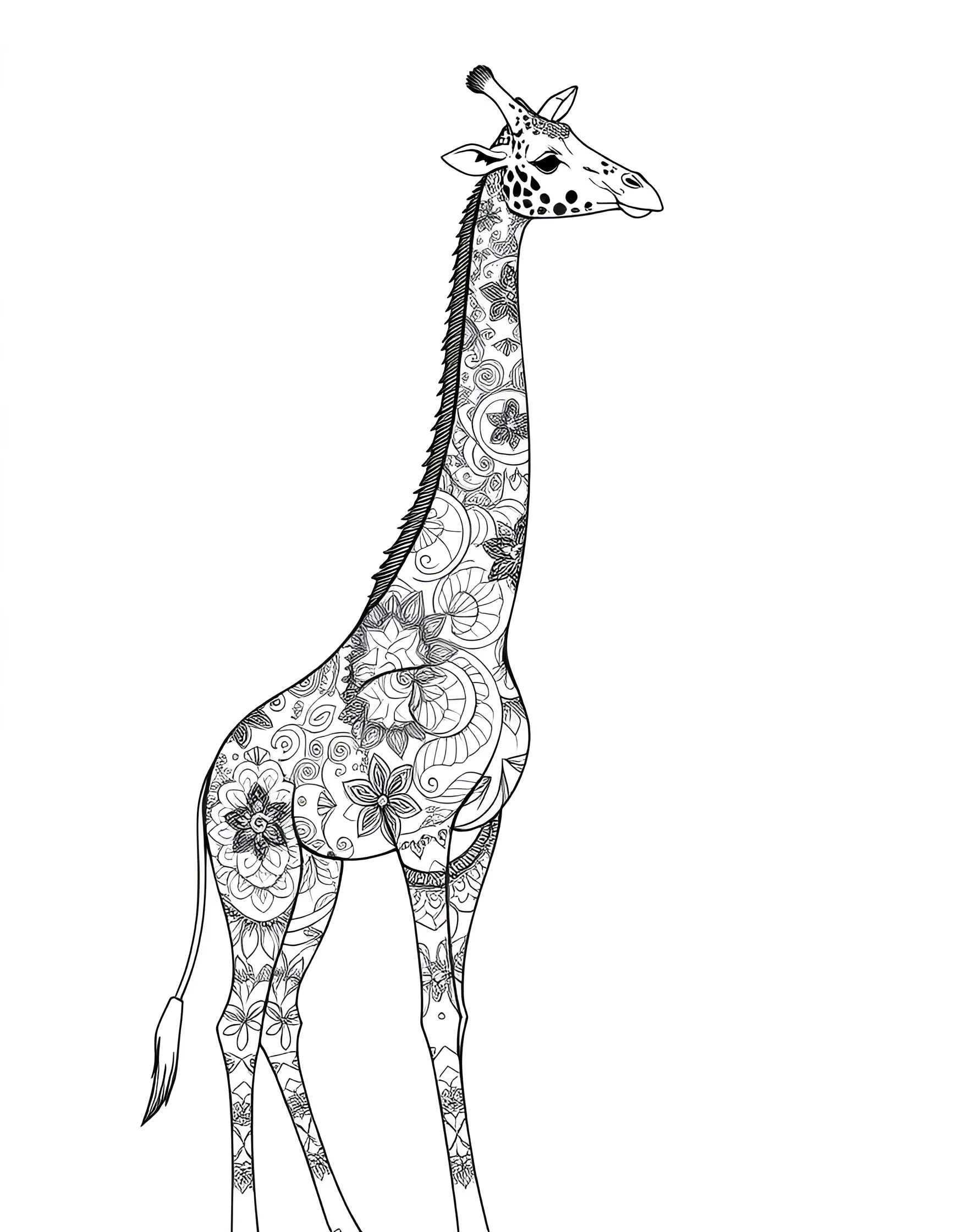 Zentangle-Inspired Giraffe Coloring Page -- prompt: "A giraffe filled with various intricate Zentangle patterns and textures." -- Discover the beauty of patterns with this Zentangle-inspired giraffe coloring page. The design showcases a giraffe filled with intricate doodles and textures. As you color each section, lose yourself in the meditative process and create a truly unique piece of art.