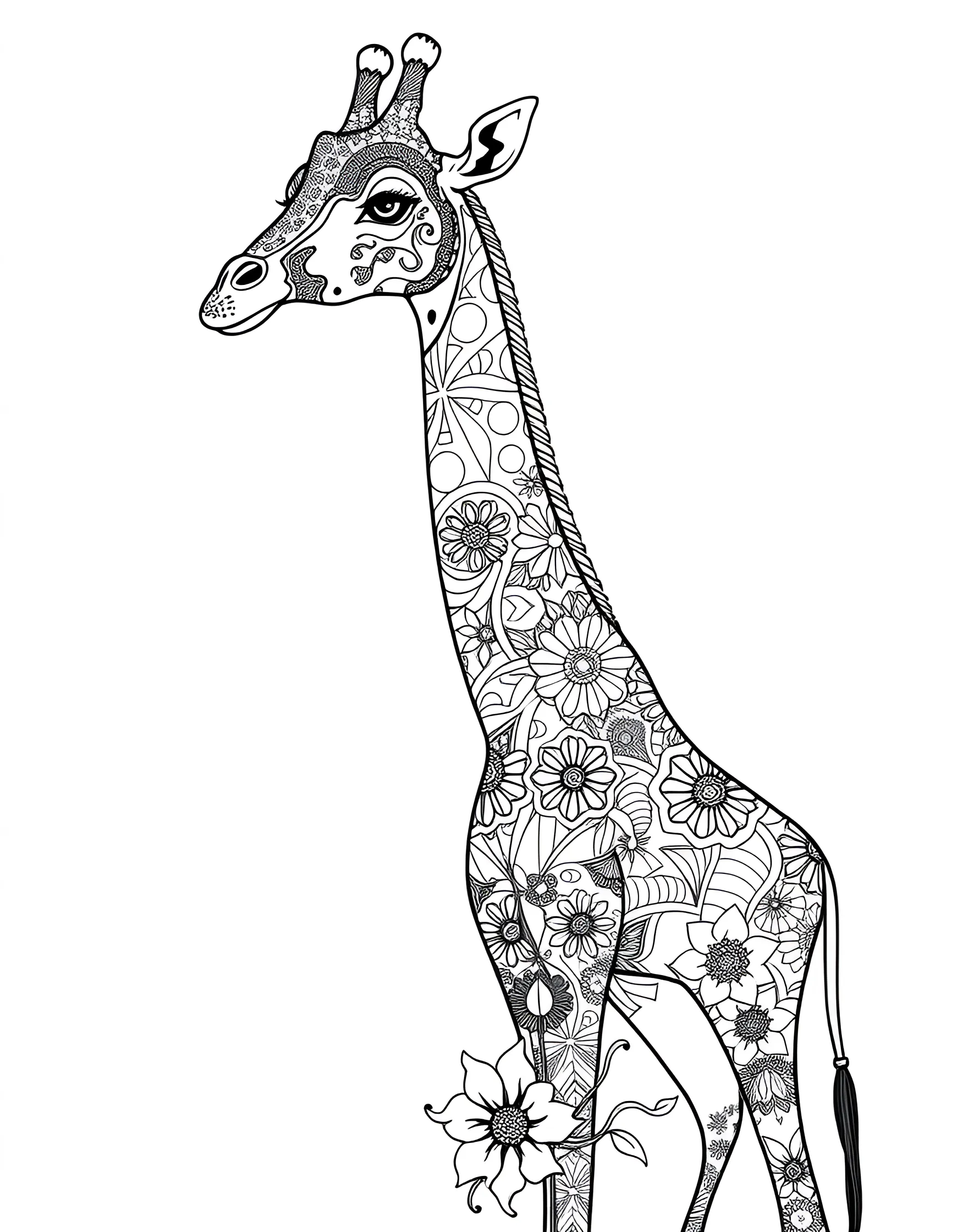 Zentangle-Inspired Giraffe Coloring Page -- prompt: "A giraffe filled with various intricate Zentangle patterns and textures." -- Discover the beauty of patterns with this Zentangle-inspired giraffe coloring page. The design showcases a giraffe filled with intricate doodles and textures. As you color each section, lose yourself in the meditative process and create a truly unique piece of art.