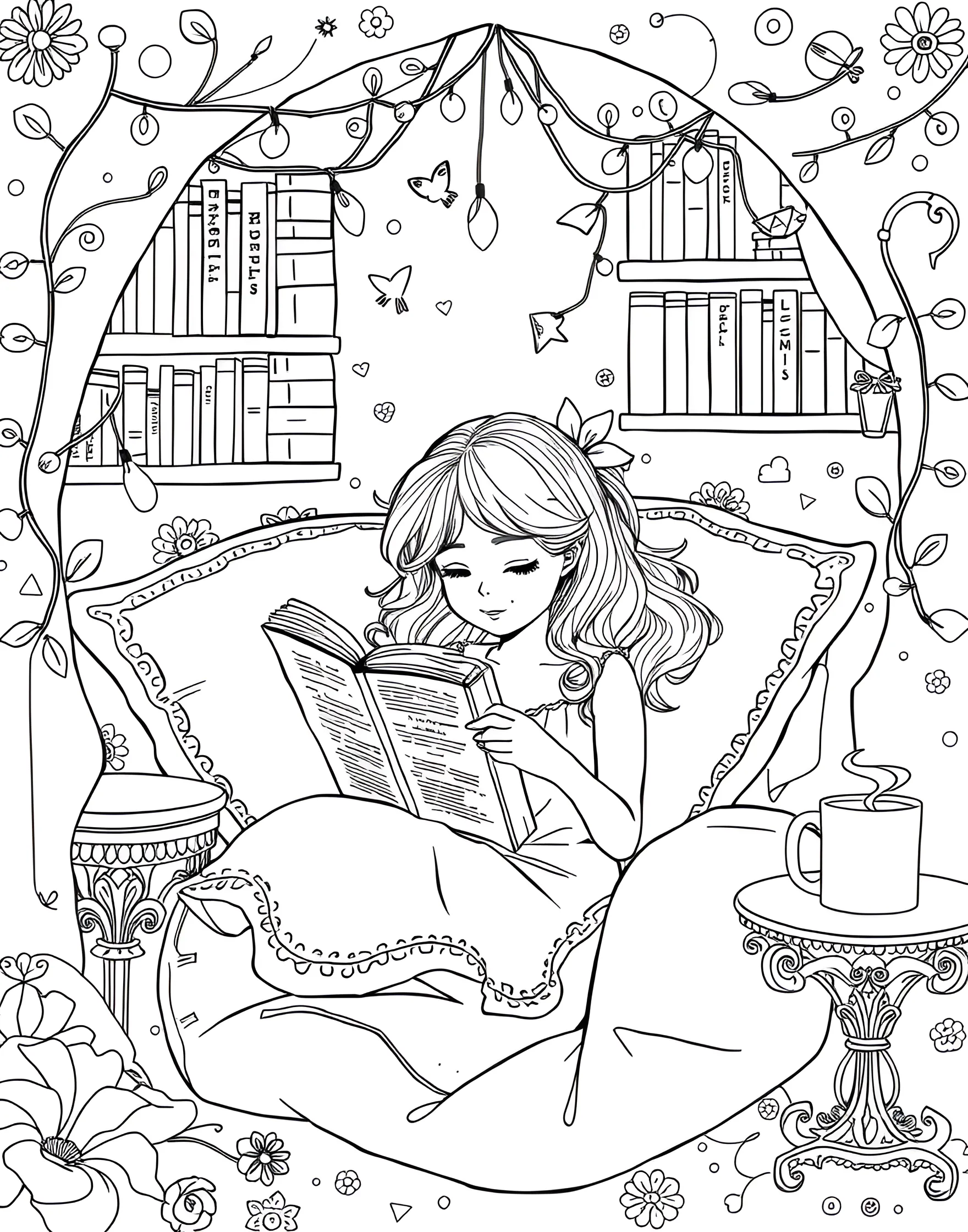 Girl Reading in a Cozy Nook Coloring Page -- prompt: "A girl reading a book in a cozy corner, surrounded by pillows and a warm drink." -- This charming coloring page depicts a girl lost in a good book, curled up in a comfortable reading nook. Surrounded by pillows and with a cup of hot cocoa nearby, it's the perfect scene for book lovers. This page celebrates the joy of reading and quiet moments of imagination.