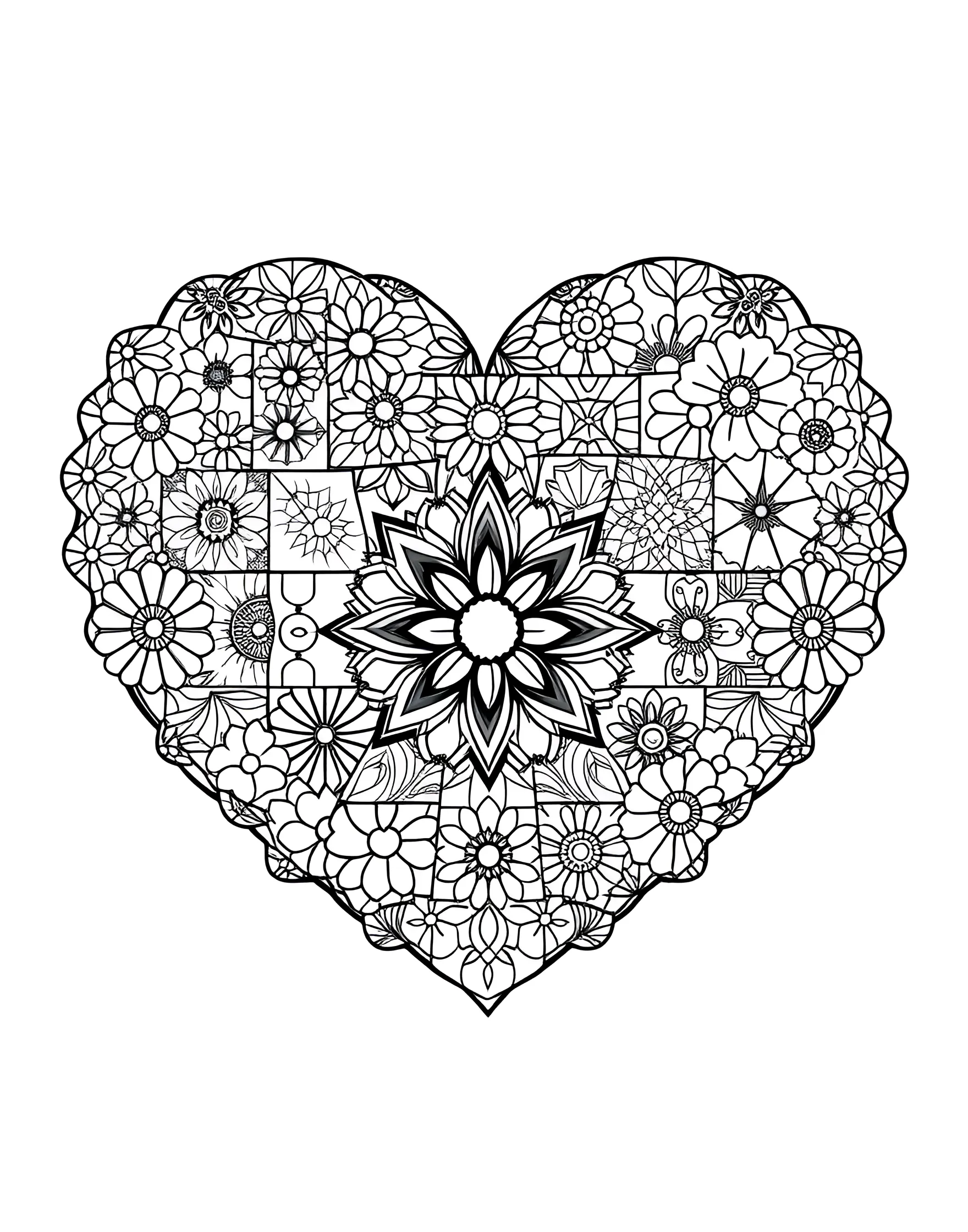 Patchwork Quilt Heart Coloring Page -- prompt: "A heart composed of different patchwork quilt patterns and designs." -- This cozy and creative coloring page showcases a heart made up of various patchwork quilt patterns. Each section of the heart features a different design, from florals to geometrics, creating a charming and diverse coloring experience. This page is perfect for those who appreciate crafts and traditional textile arts.