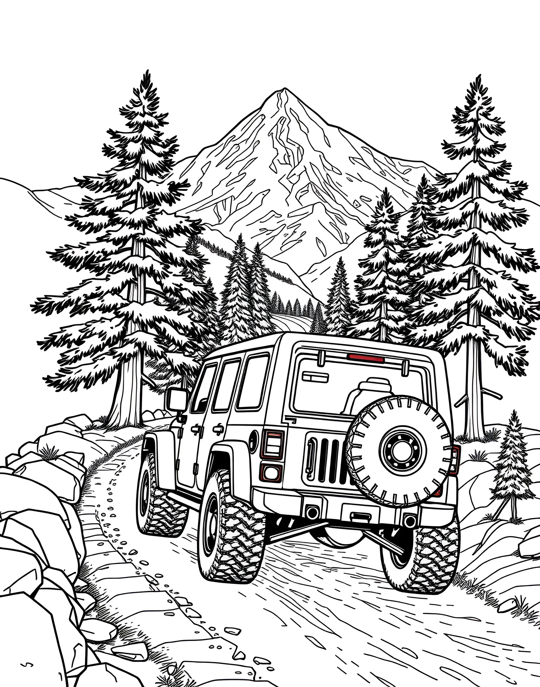 Family Jeep Adventure in the Mountains Coloring Page -- prompt: "An SUV driving on a mountain road with pine trees and snow-capped peaks in the distance." -- This heartwarming coloring page depicts a family Jeep embarking on a mountain adventure. The sturdy vehicle is shown navigating a winding mountain road, with majestic peaks and evergreen trees in the background. It's an excellent choice for kids who love family road trips and outdoor adventures.