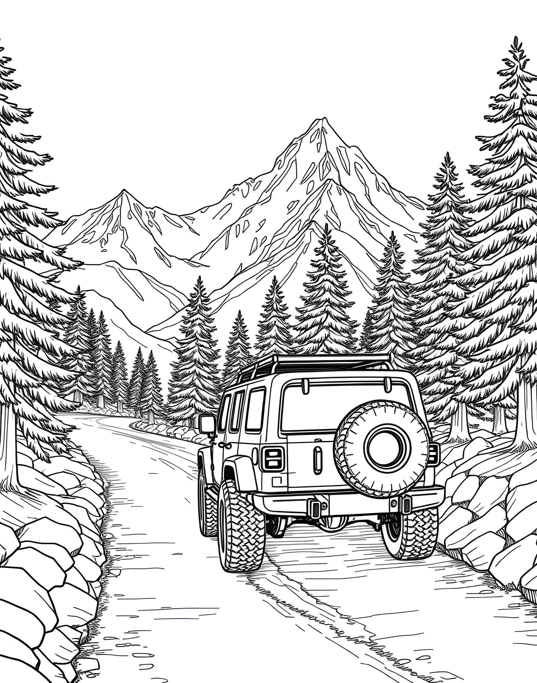 Family SUV Adventure in the Mountains Coloring Page -- prompt: "An SUV driving on a mountain road with pine trees and snow-capped peaks in the distance." -- This heartwarming coloring page depicts a family SUV embarking on a mountain adventure. The sturdy vehicle is shown navigating a winding mountain road, with majestic peaks and evergreen trees in the background. It's an excellent choice for kids who love family road trips and outdoor adventures.